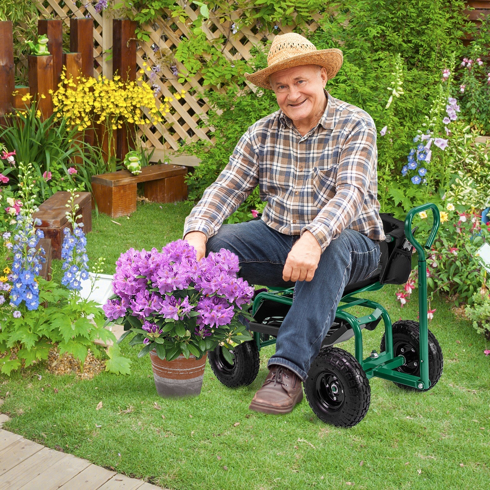 Cushioned Rolling Garden Cart Scooter with Storage Basket and Tool Pouch-Green