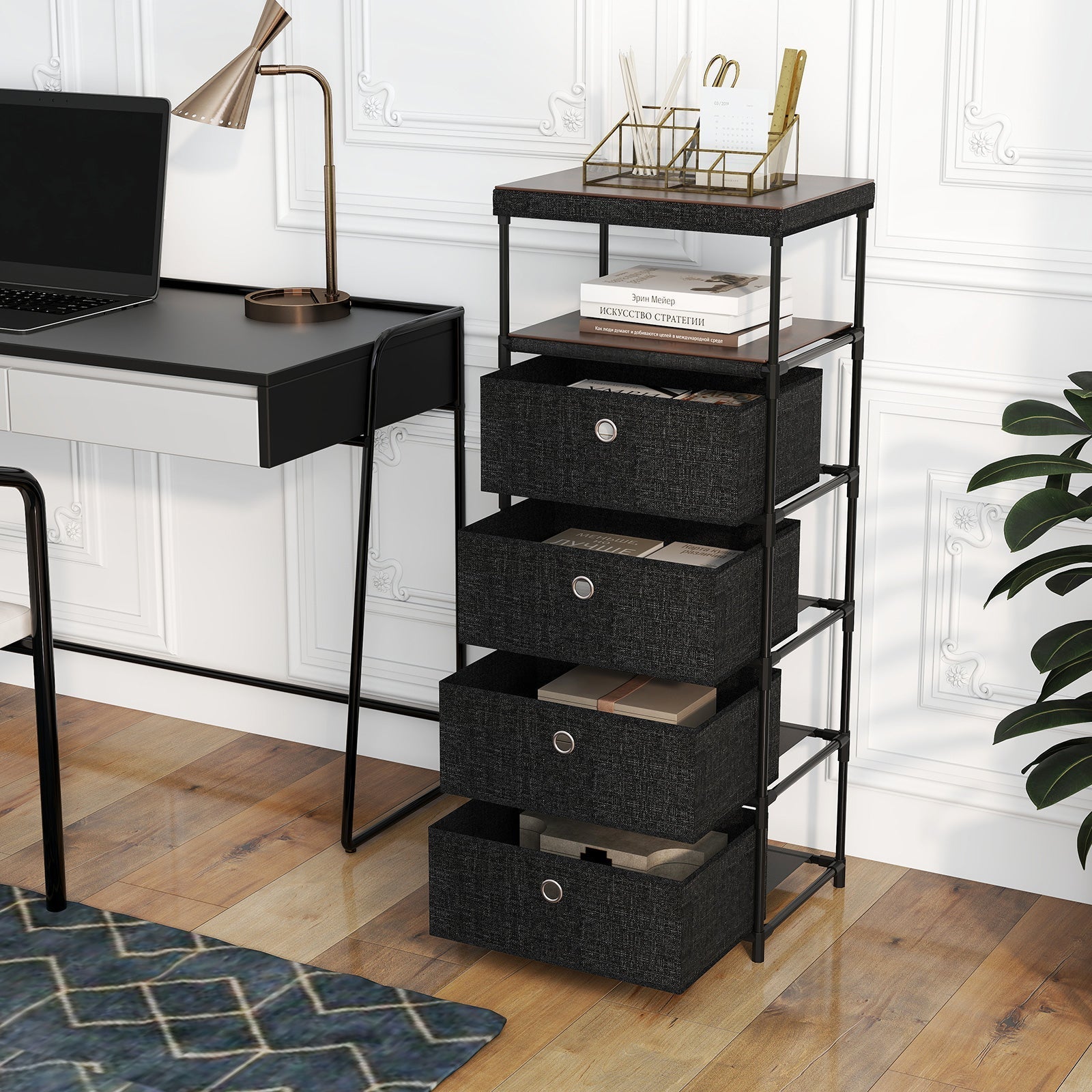 Dresser with 3/4 Drawers Fabric Storage Tower with Wood Top and Metal Frame-L