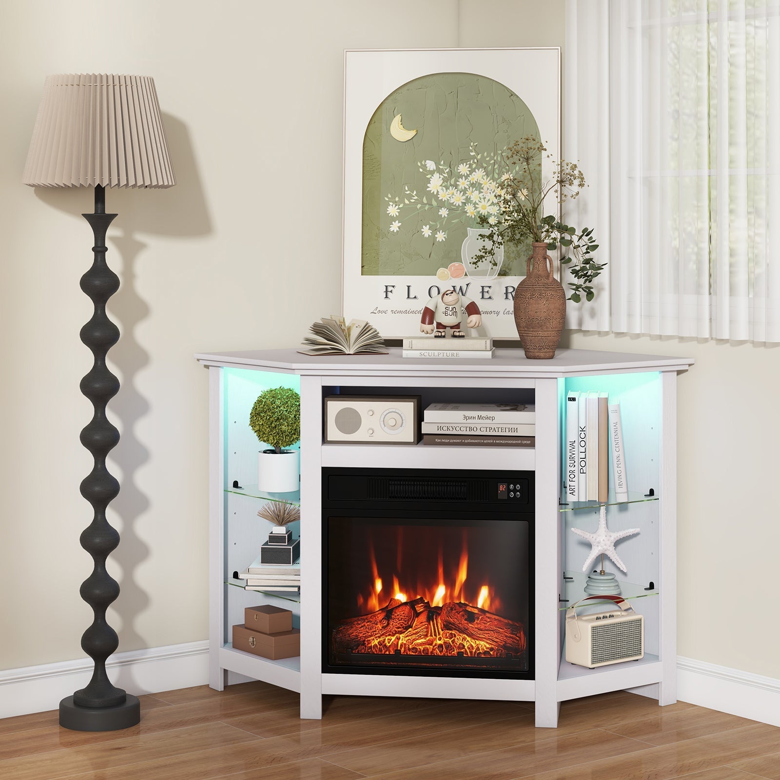 Fireplace Corner TV Stand with LED Lights and Smart APP Control for 50 Inches TV-White