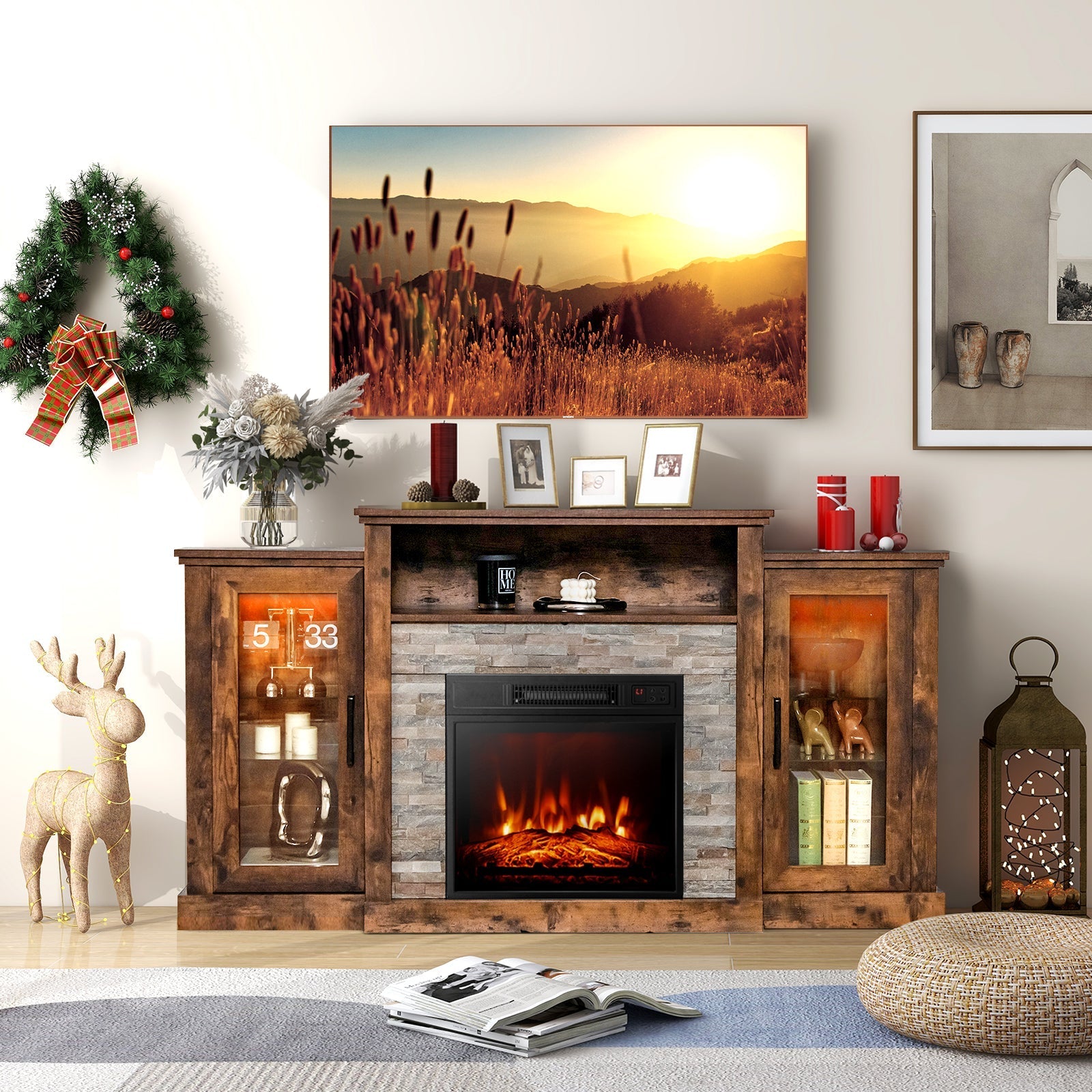 Fireplace TV Stand with 16-Color Led Lights for TVs up to 65 Inch-Brown