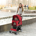 Folding Pet Stroller with Storage Basket and Adjustable Canopy-Red