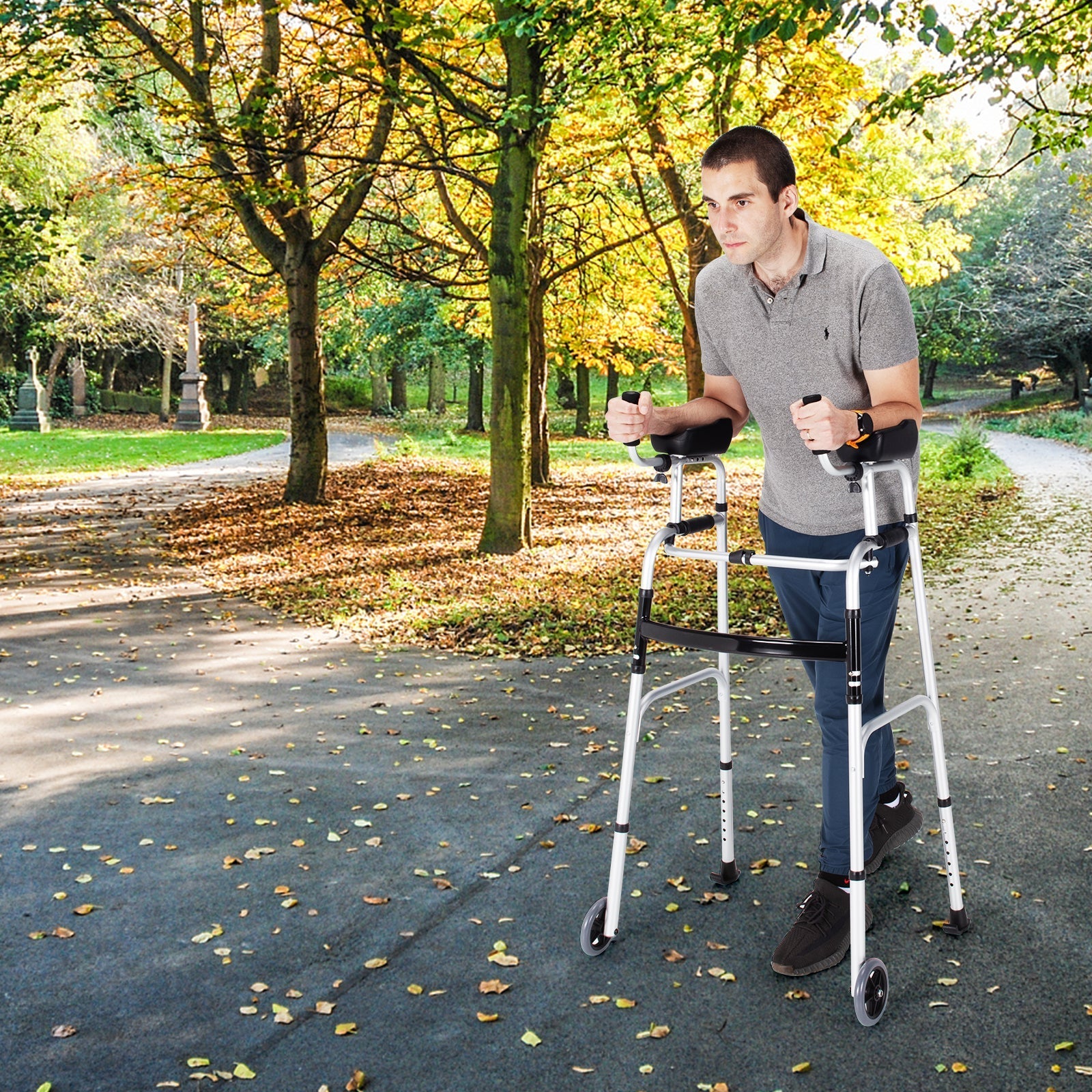 Folding Height Adjustable Walking Frame with Armrest Support-Silver