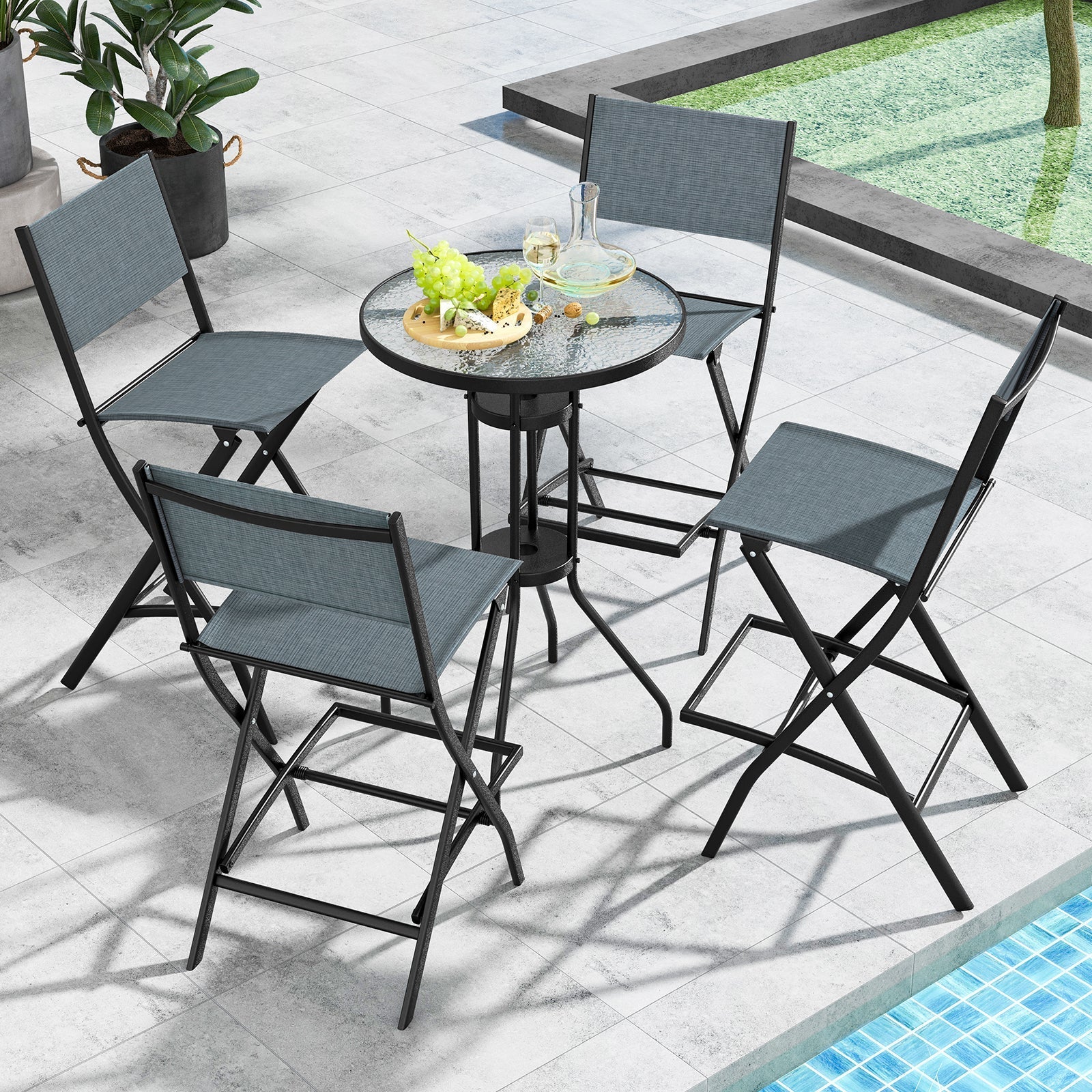 Folding Bar Stools Set of 2 Backrest Humanized Footrest-Blue