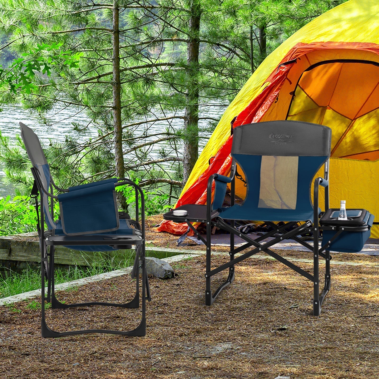 Folding Camping Directors Chair with Cooler Bag and Side Table-Blue