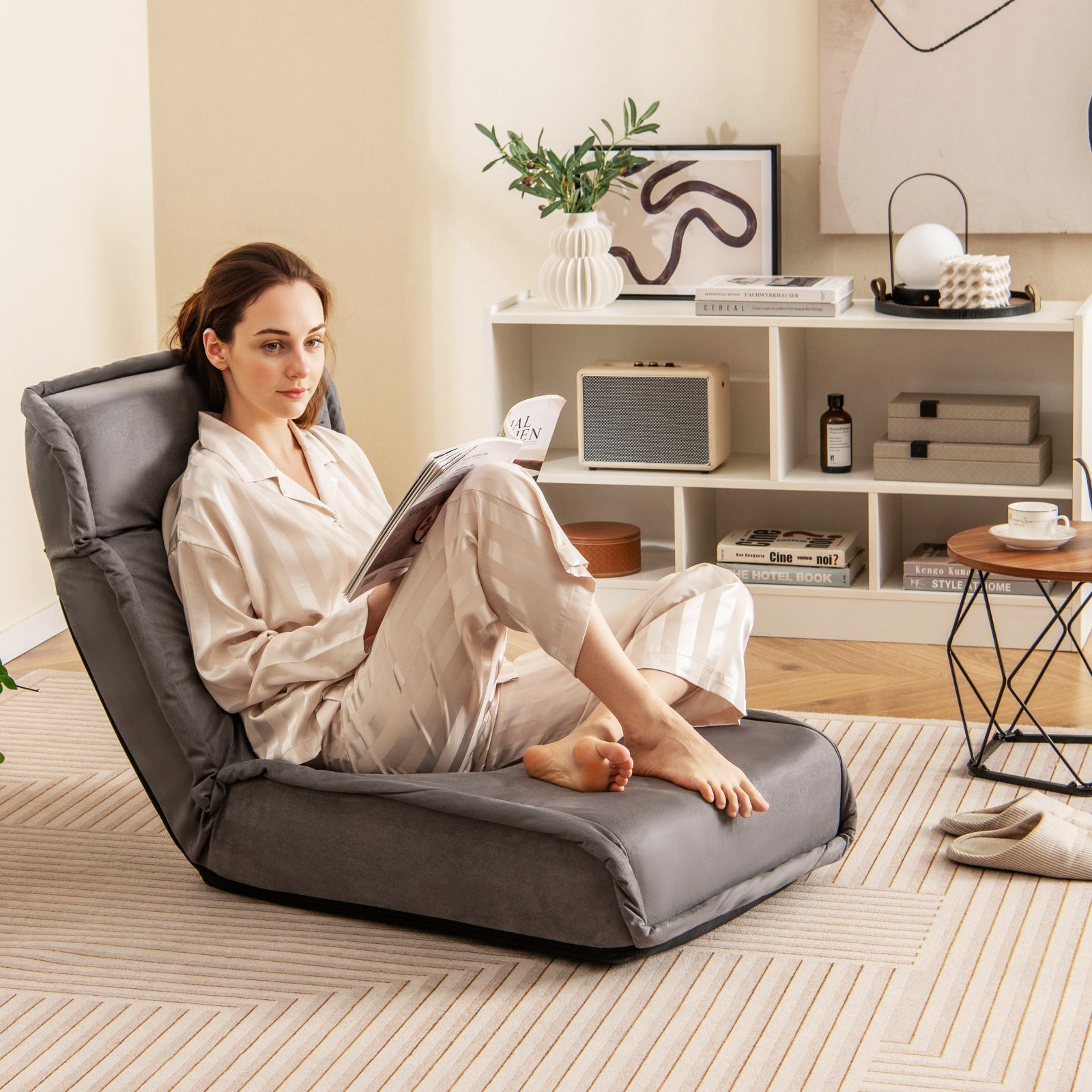Folding Floor Chair Convertible Lazy Chair with 14-Poistion Adjustable Backrest-Gray