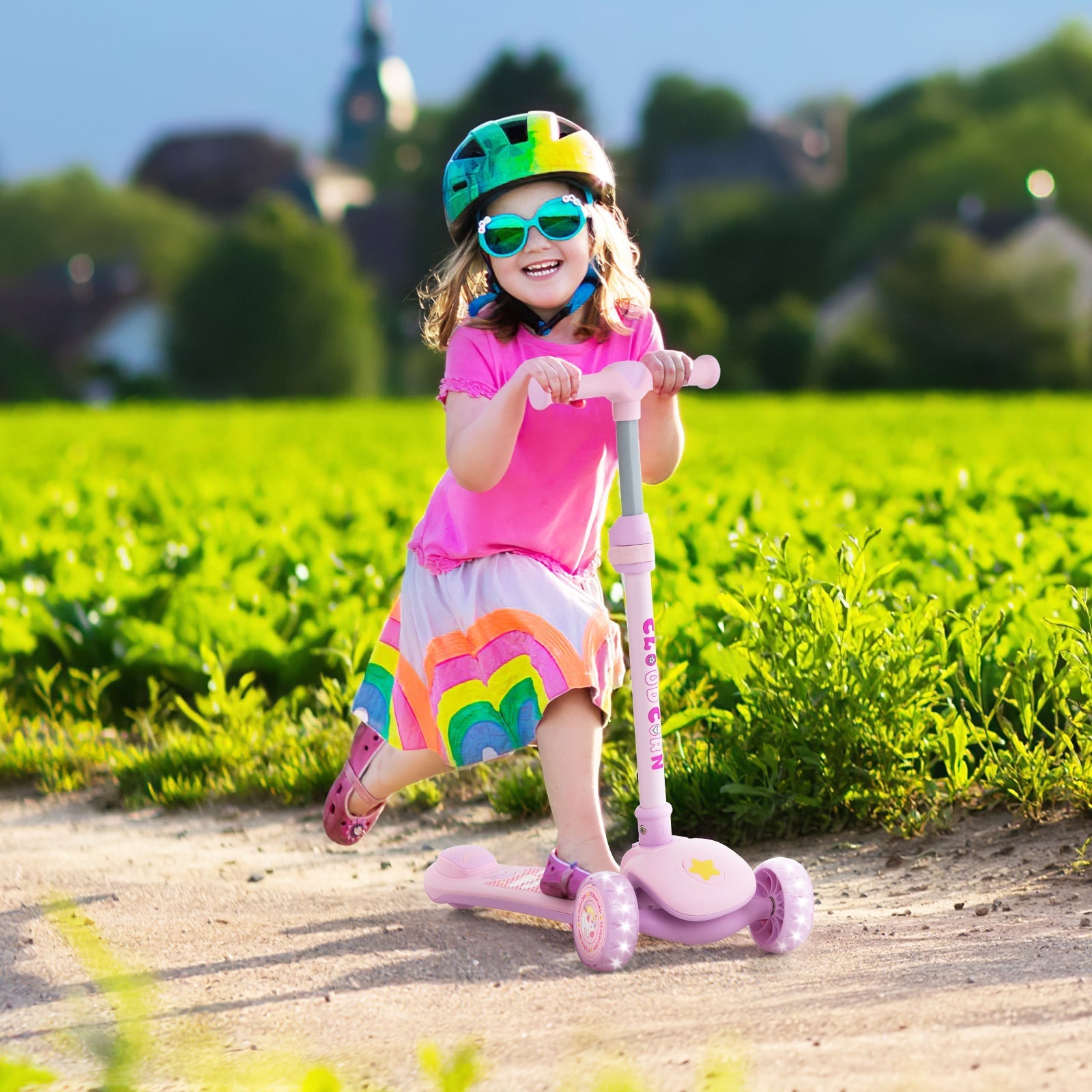 Folding Kids Scooter with Extra Wide Deck and LED Lighted PU Wheels-Purple