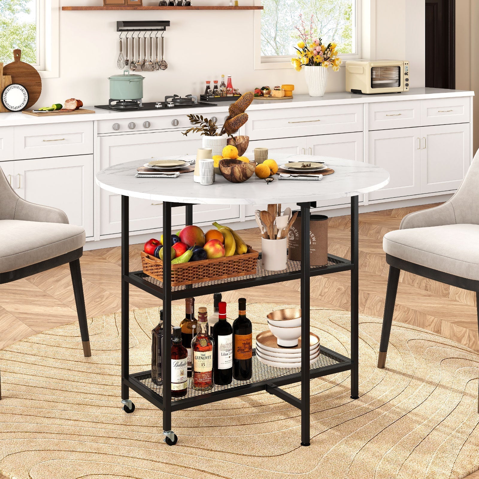 Folding Round Dining Table with Lockable Wheels-White