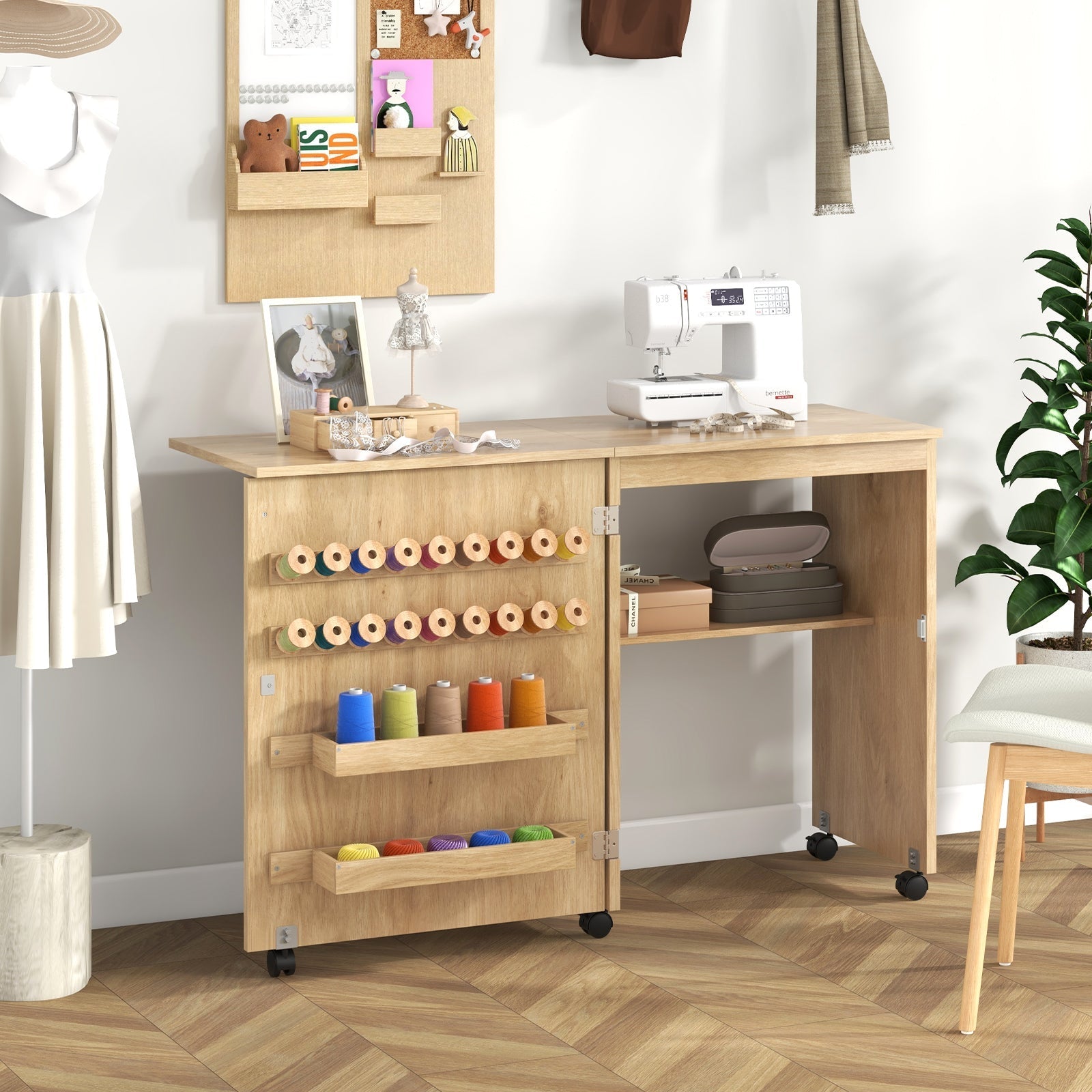 Folding Sewing Table with Storage Shelf and 5 Lockable Wheels-Natural