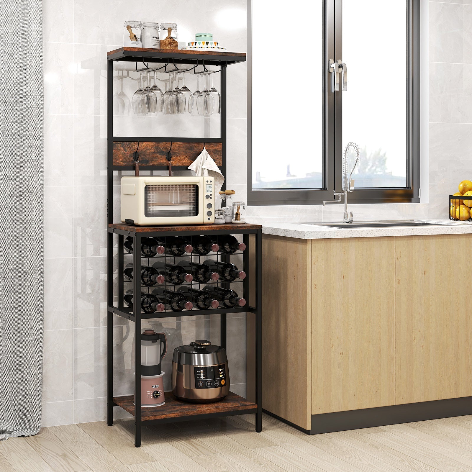 Freestanding Wine Rack Floor Wine Bar Cabinet with Glass Racks-Rustic Brown