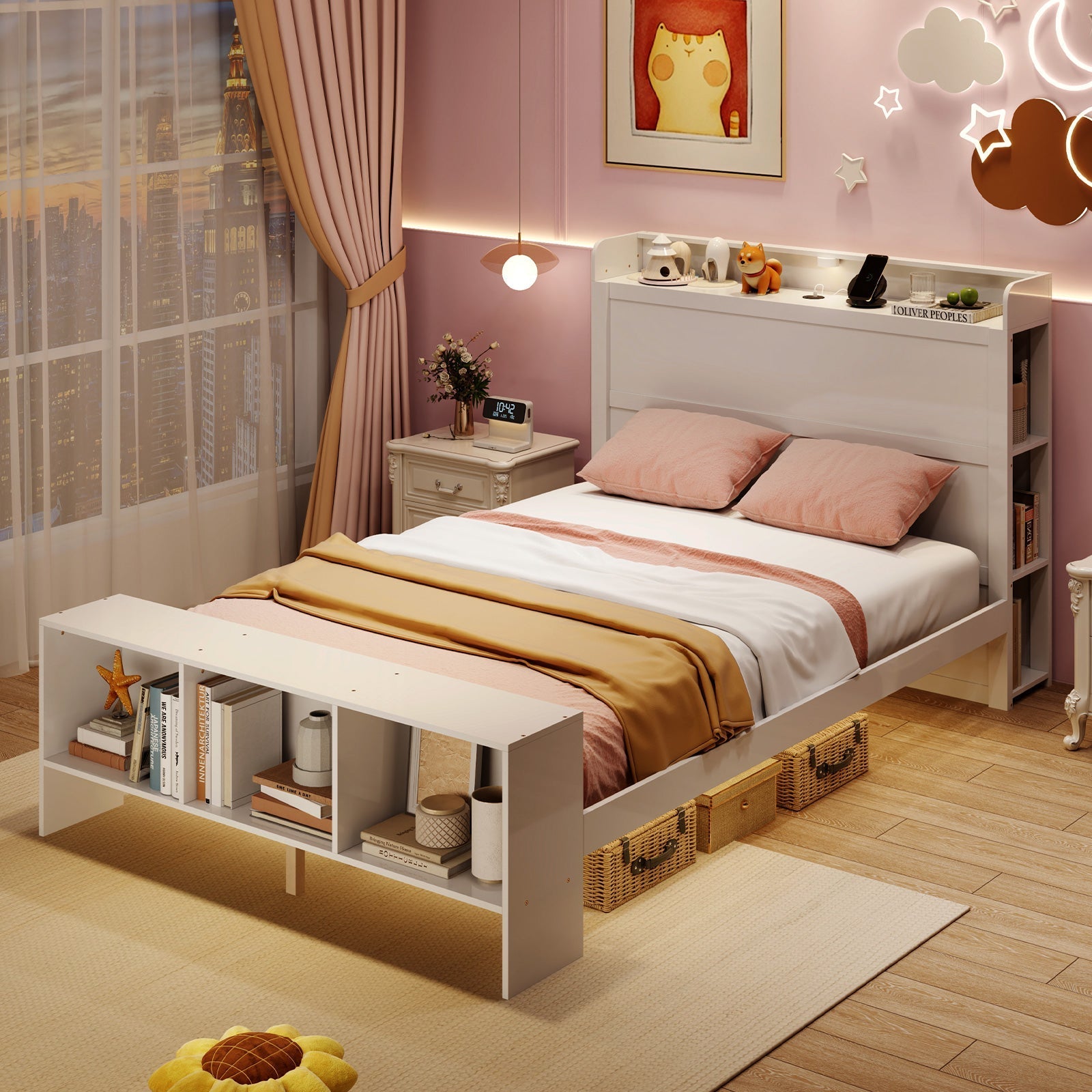 Full Size Bed Frame with 2 USB Ports with Storage Headboard and Lights-Full Size