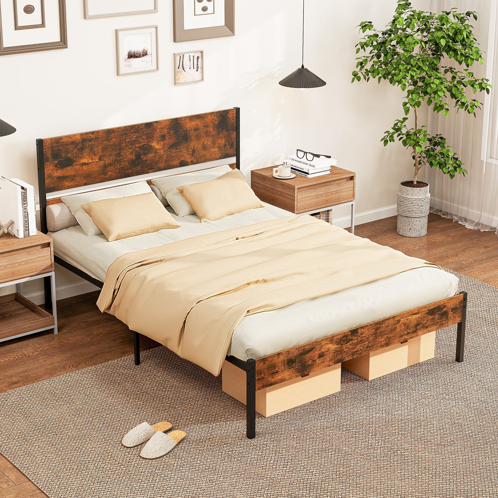 Twin/Full/Queen/King Metal Bed Frame with Wooden Headboard and Footboard-Full Size