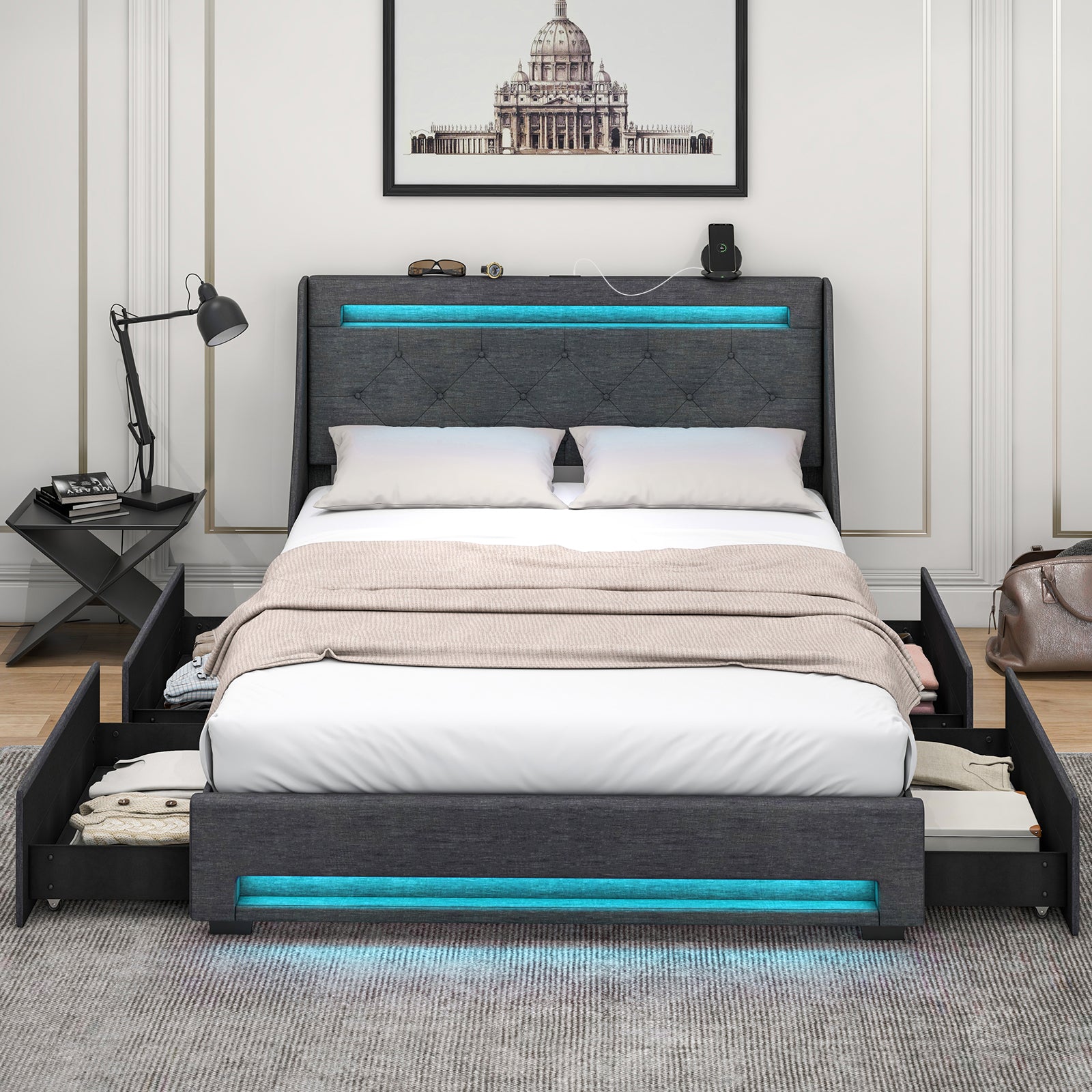 Full Size Bed Frame with LED Lights Wingback Headboard and Charging Station-Grey