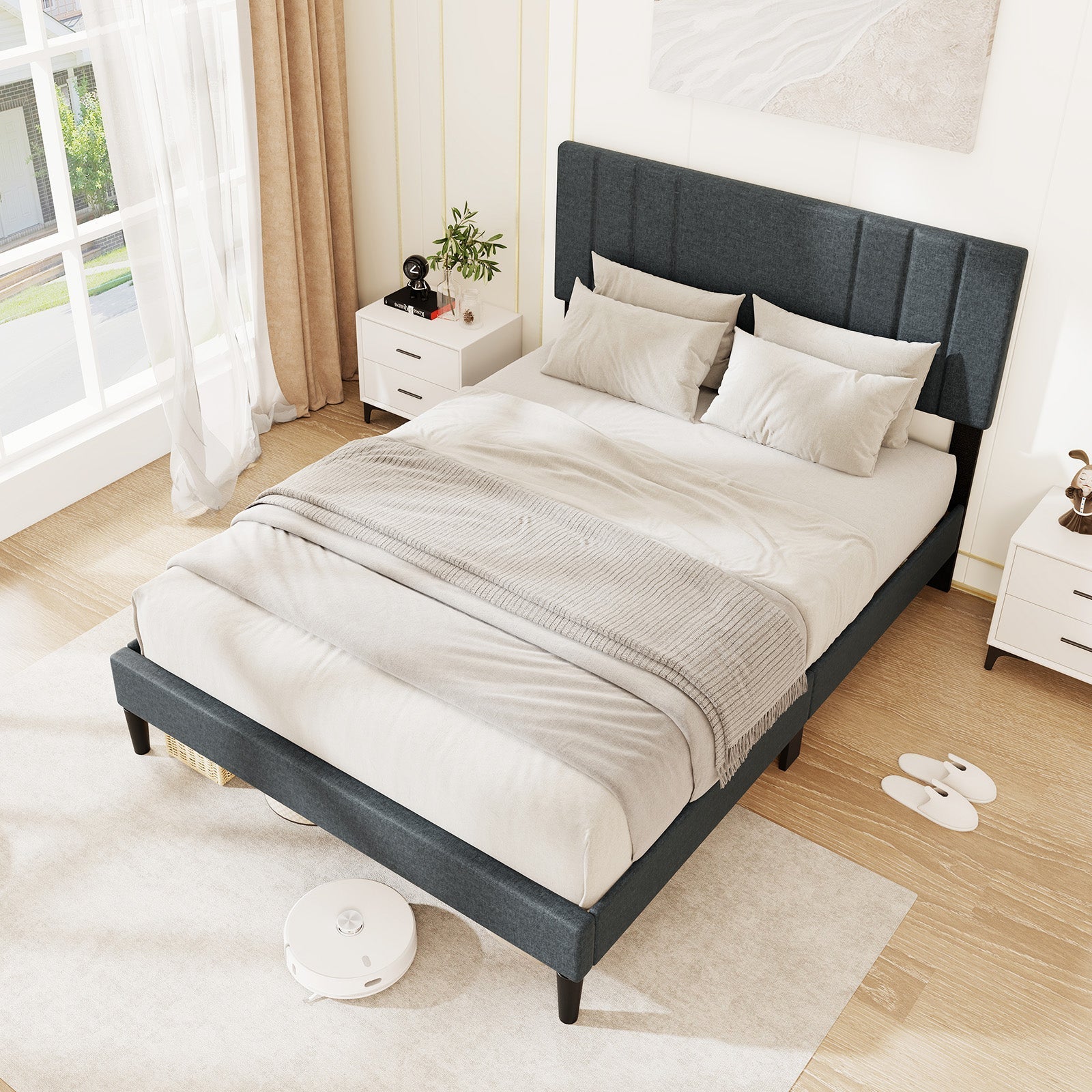 Full/Queen/Twin Size Bed Frame with Vertical Channel Tufted Headboard and Wooden Slats-Full Size