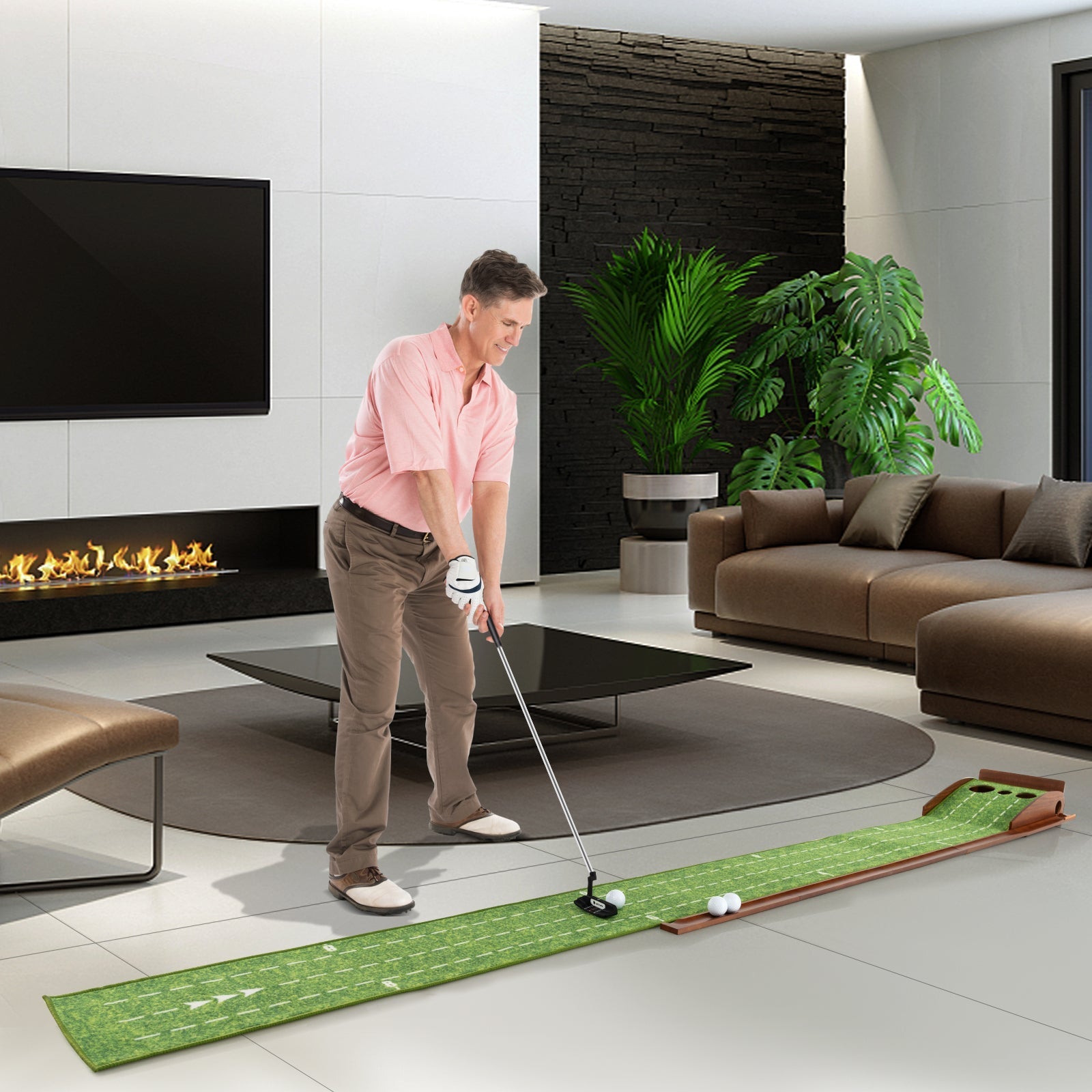 Golf Putting Mat Practice Training Aid with Auto Ball Return and 3 Hole Sizes