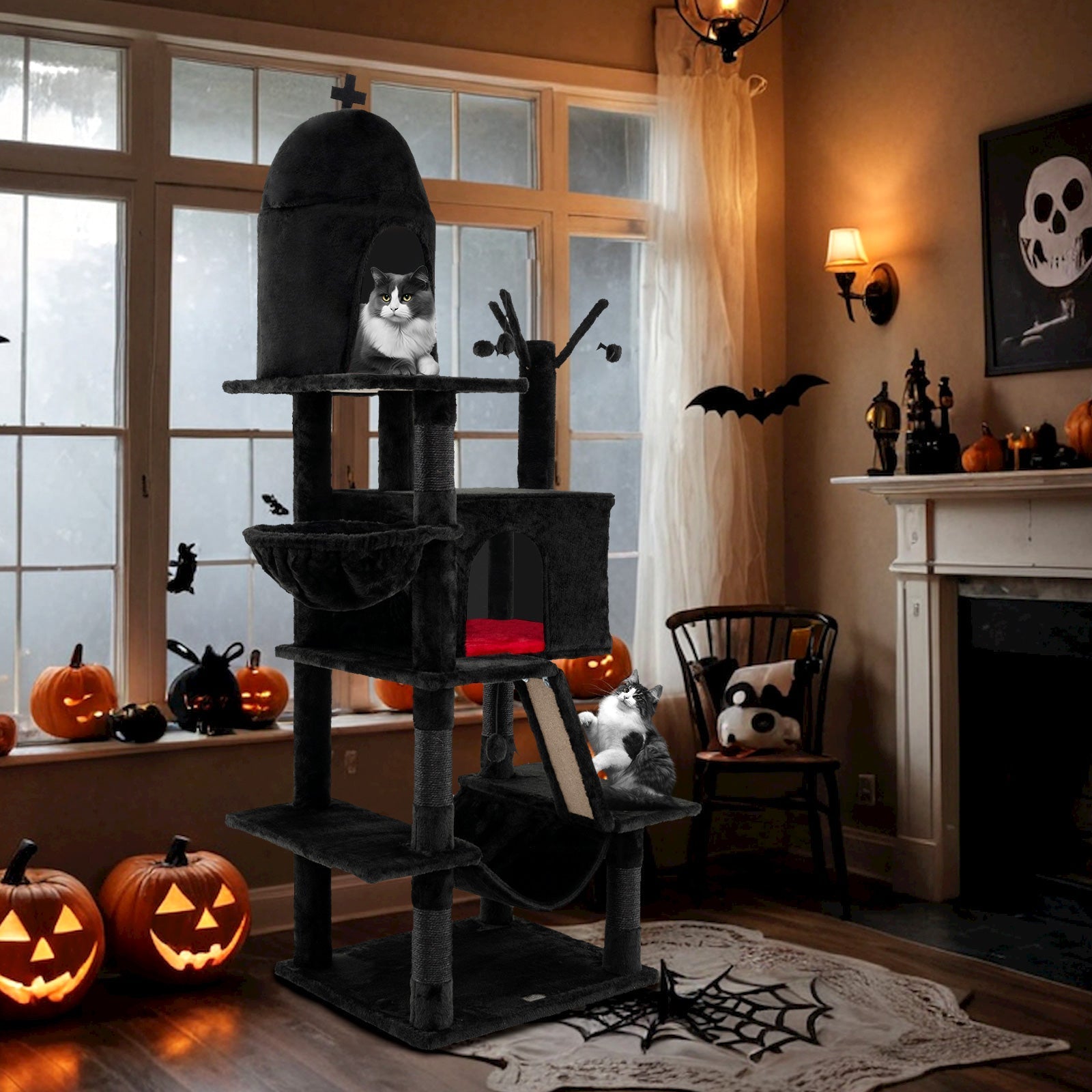 Gothic Cat Tree with 2 Cat Condos and Spooky Dangling Ball for Indoor Cats-Black
