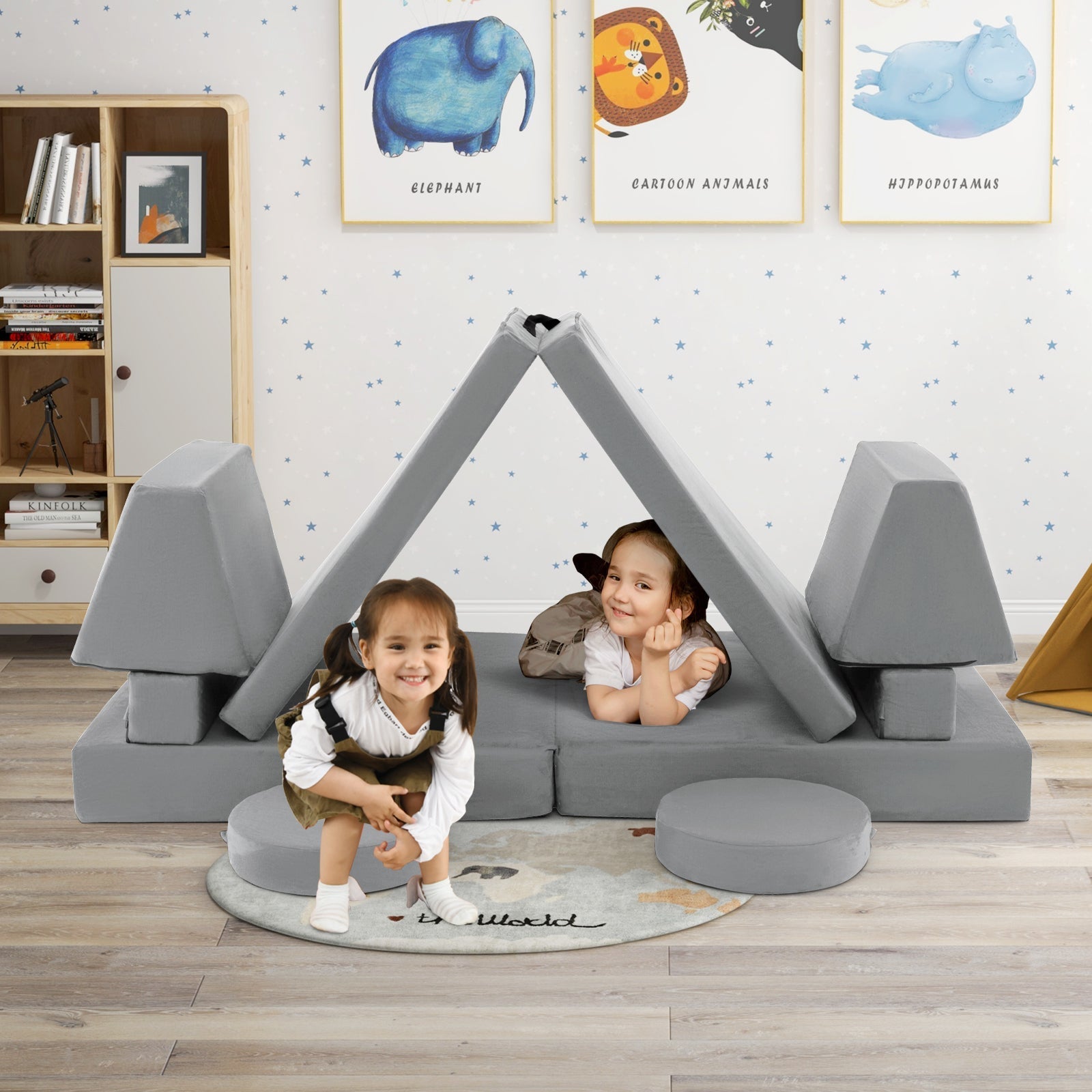 10-Piece Kids Play Couch Sofa with Portable Handle-Gray