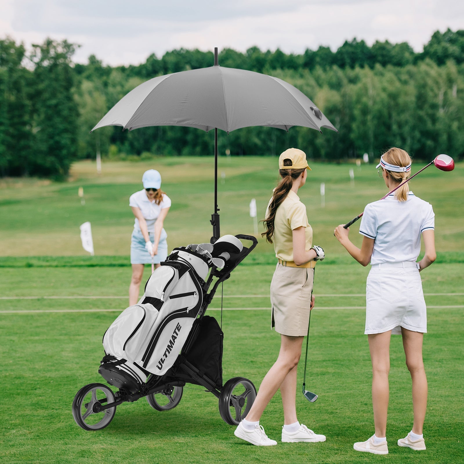 Folding 3 Wheels Golf Push Cart with Bag Scoreboard Adjustable Handle-Gray