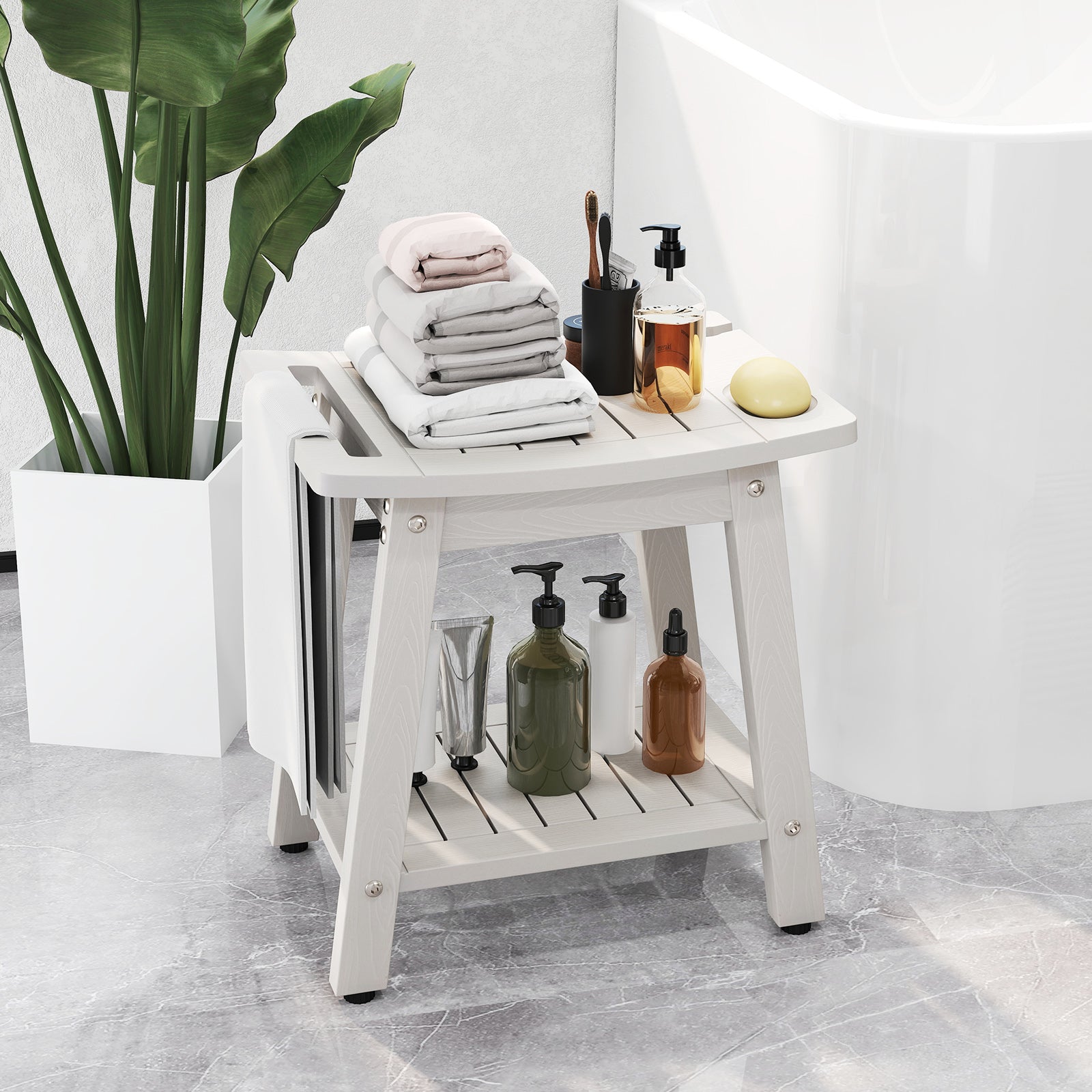 HIPS Shower Bench Seat with Handle Shower Head-White