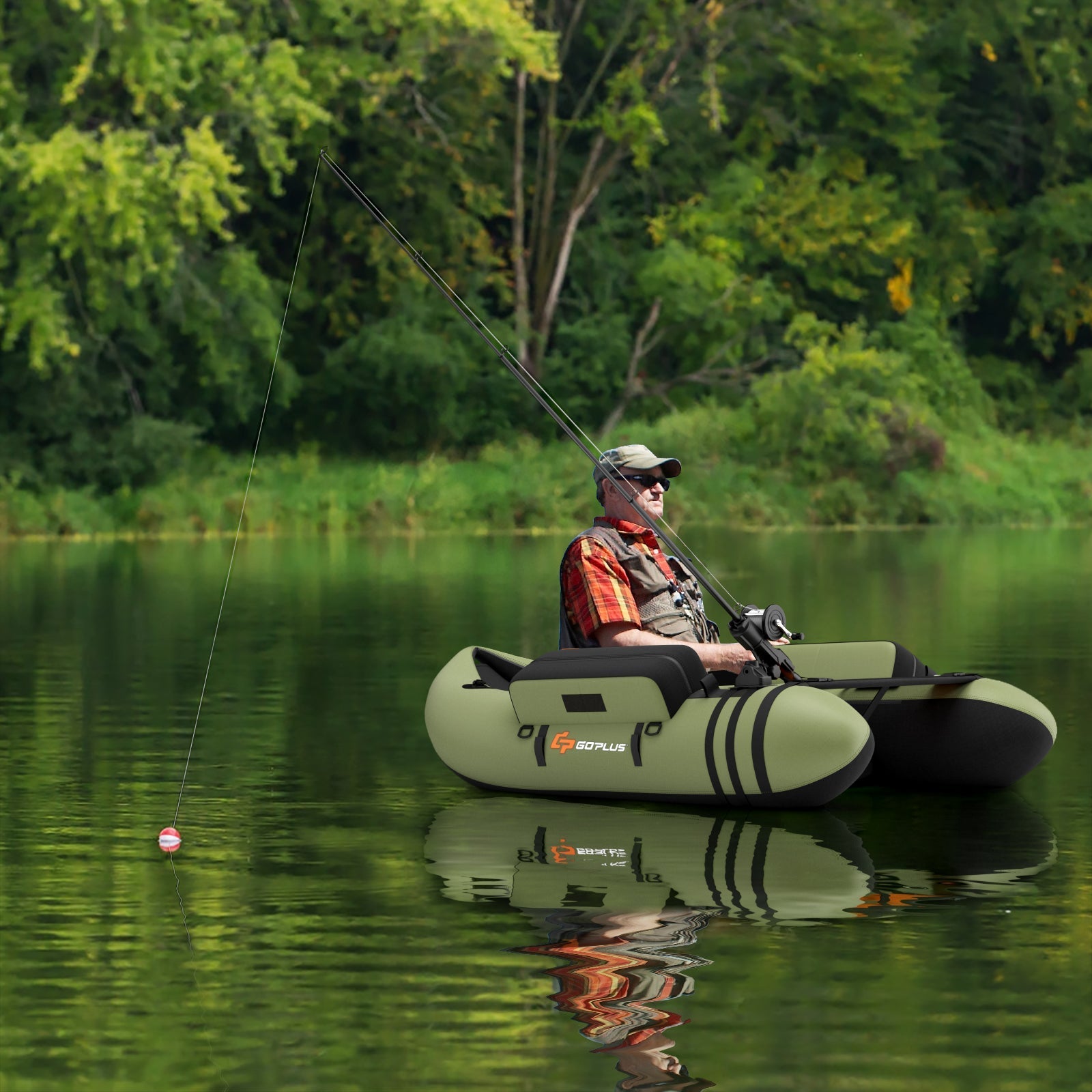Inflatable Fishing Float Tube with Pump Storage Pockets and Fish Ruler-Green