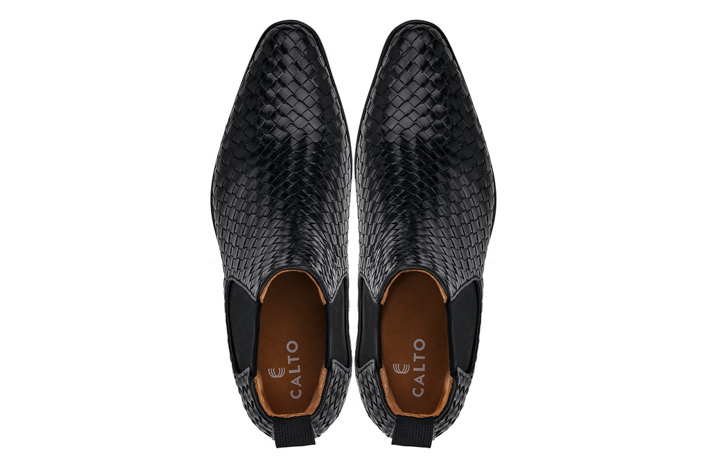 CALTO - K30521 - 3.3 Inches Taller (Black) - Woven Slip-On High-Top Chelsea Ankle Boots