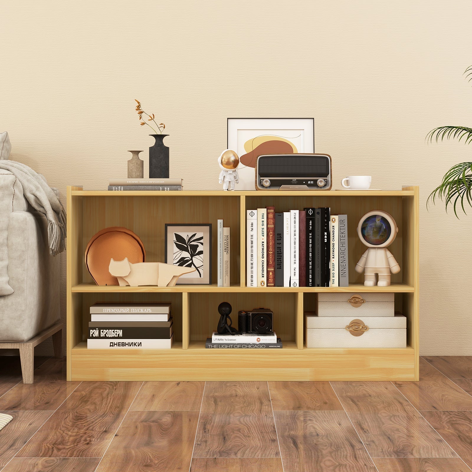 Kids 2-Shelf Bookcase 5-Cube Wood Toy Storage Cabinet Organizer-Beige
