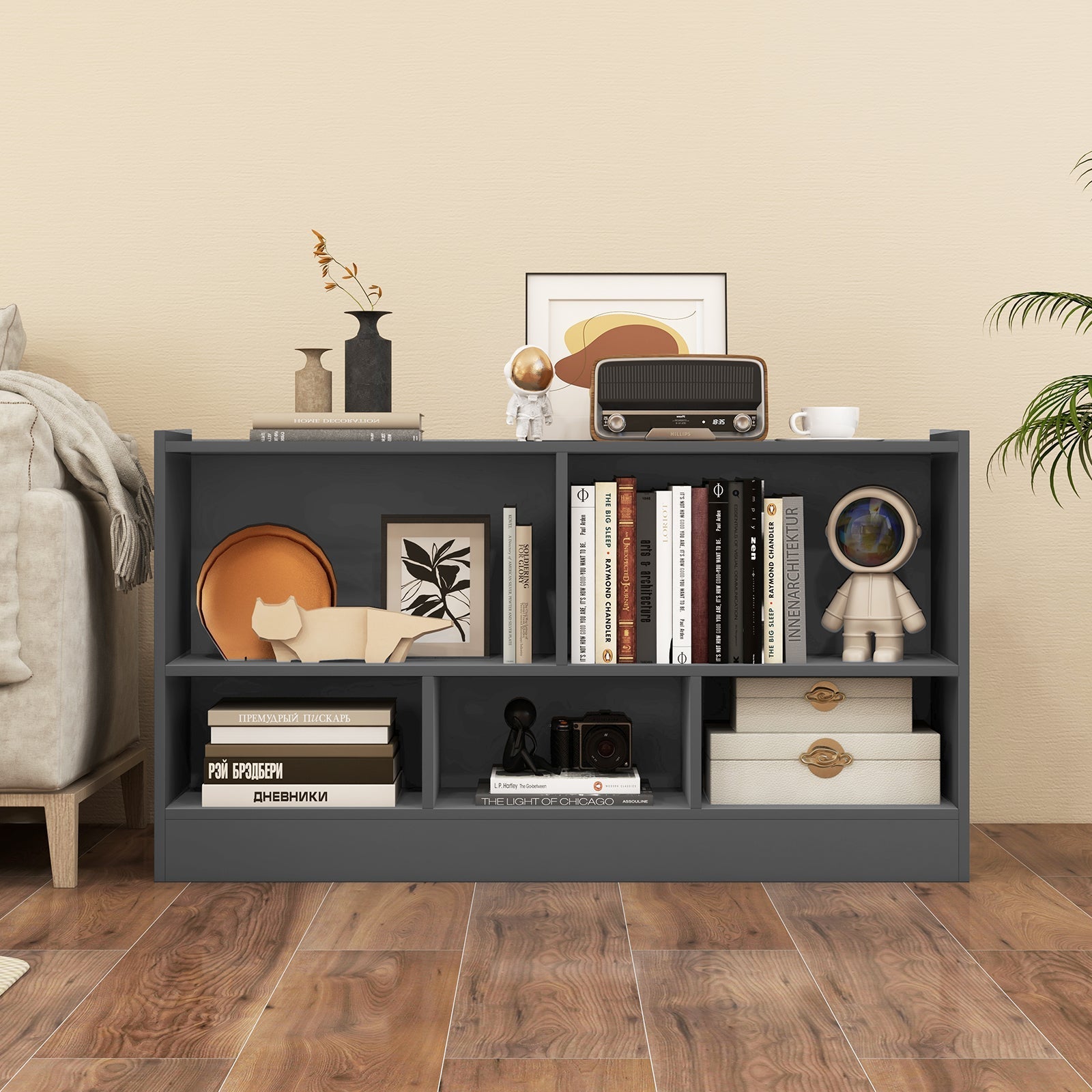 Kids 2-Shelf Bookcase 5-Cube Wood Toy Storage Cabinet Organizer-Gray