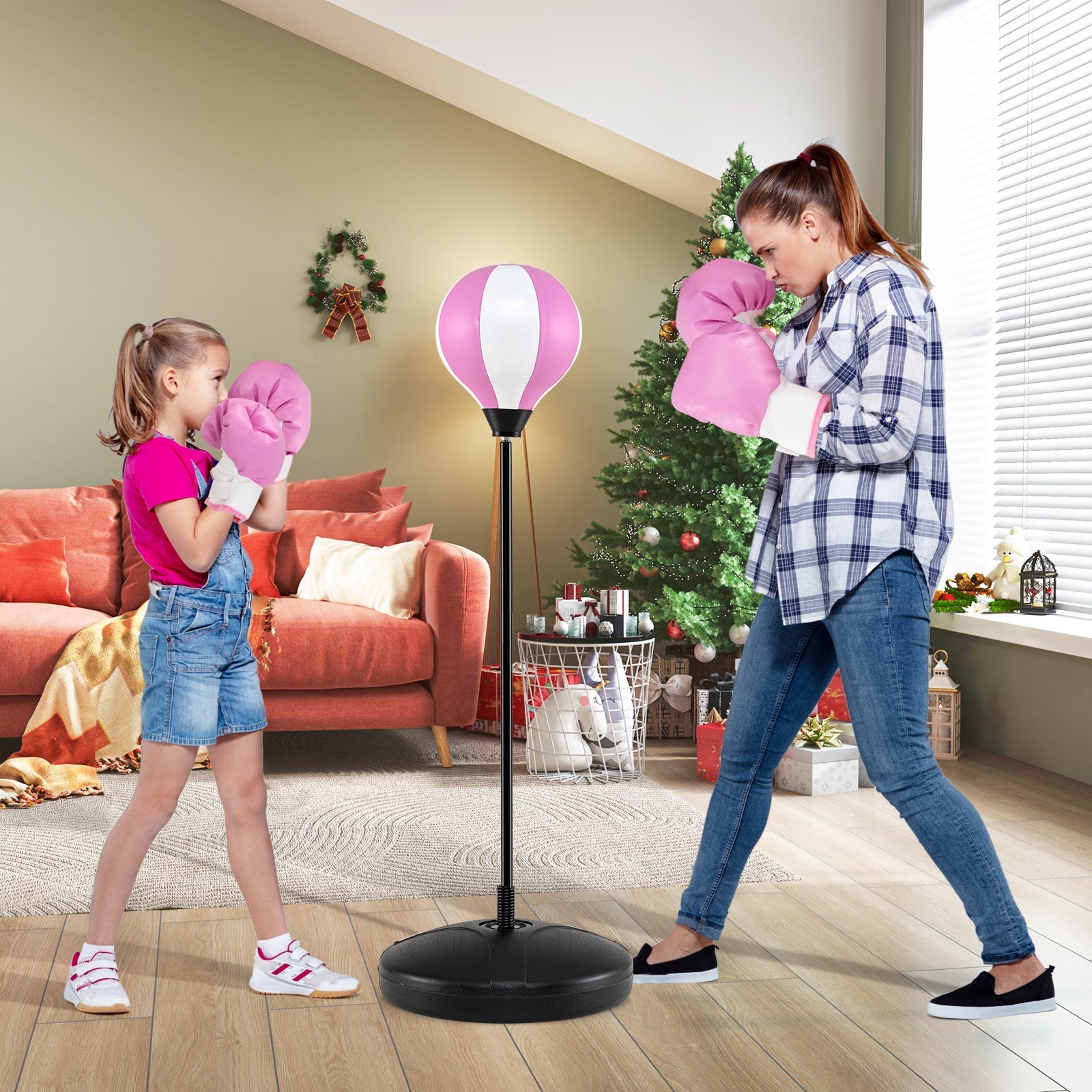 Kids Adjustable Stand Punching Bag Toy Set with Boxing Glove and Base-Pink