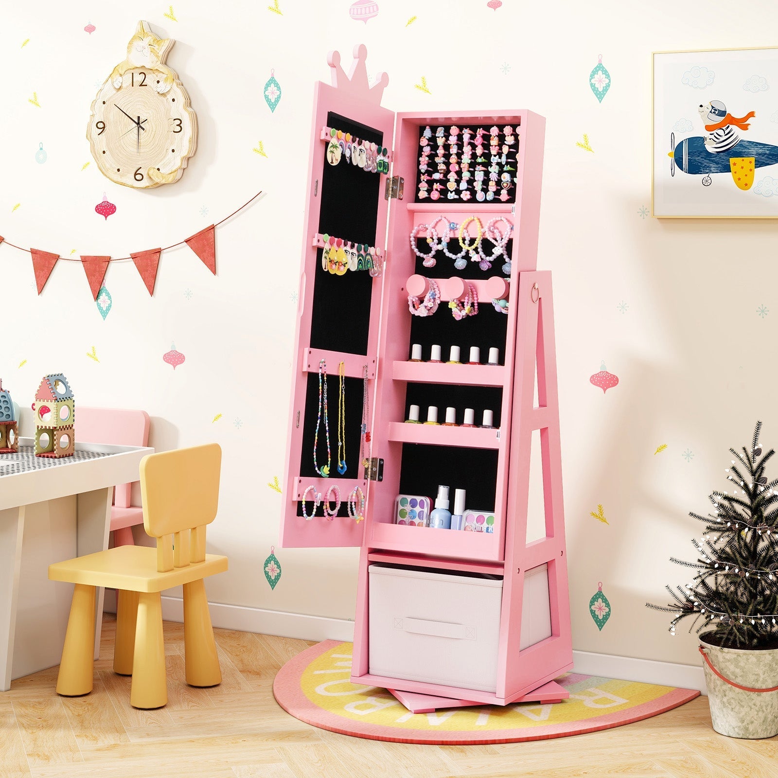 Kids Jewelry Armoire Cabinet with Large Storage Capacity and Swivel Base-Pink
