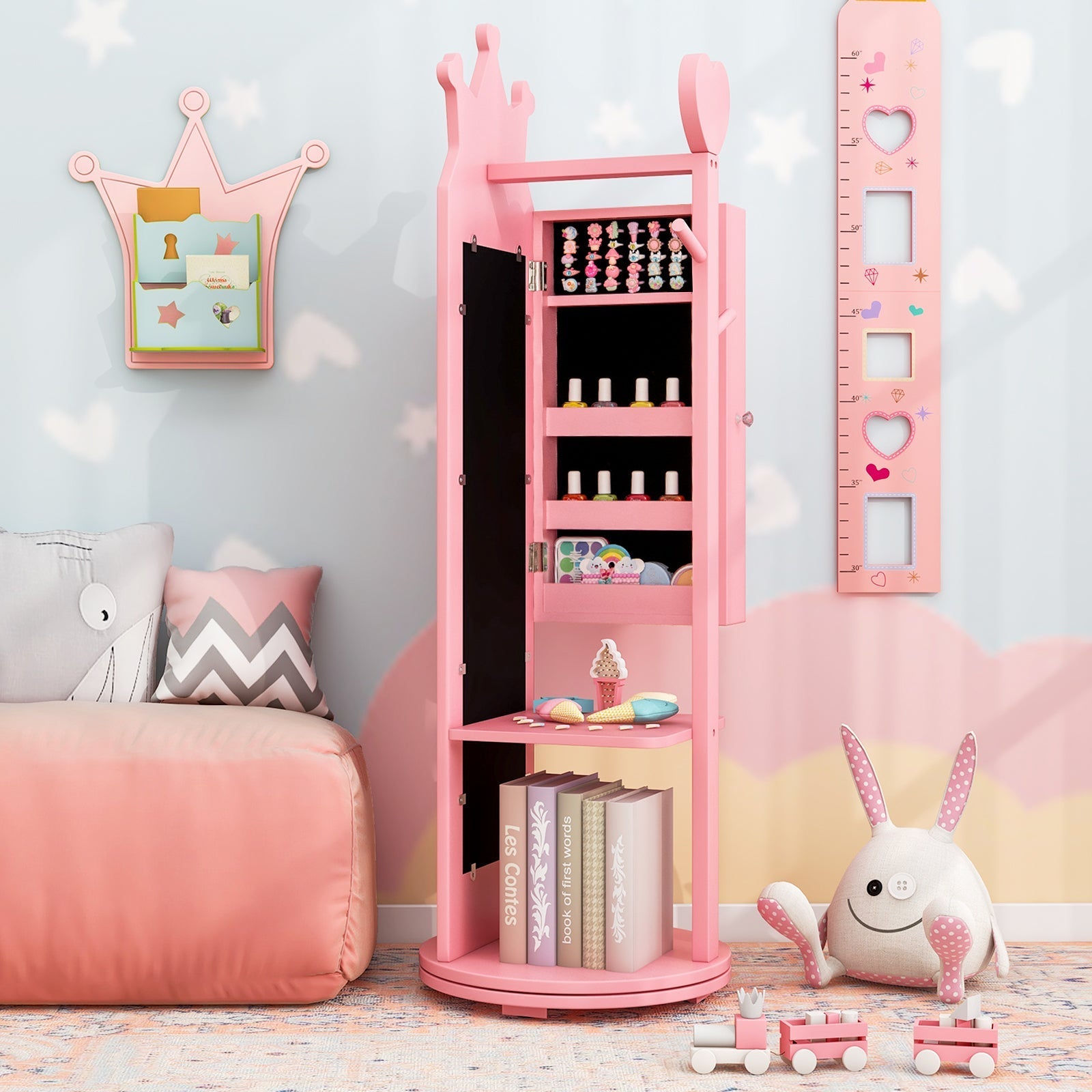 Kids Room Furniture Set Princess Vanity Table and Stool Set with Mirror and Drawer-Pink