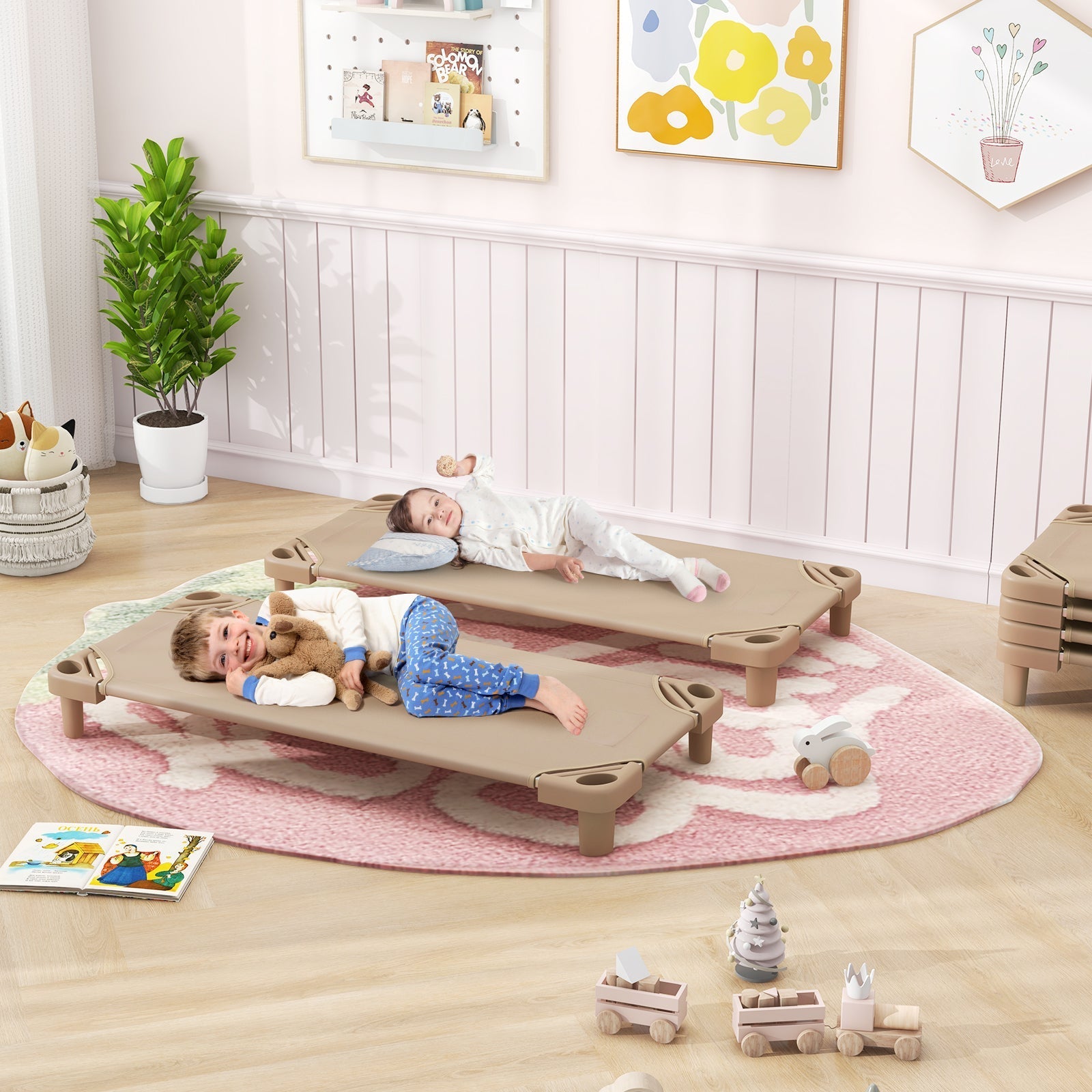Kids Stackable Daycare Cot Pack of 6 with Detachable Oxford Cloth-Beige