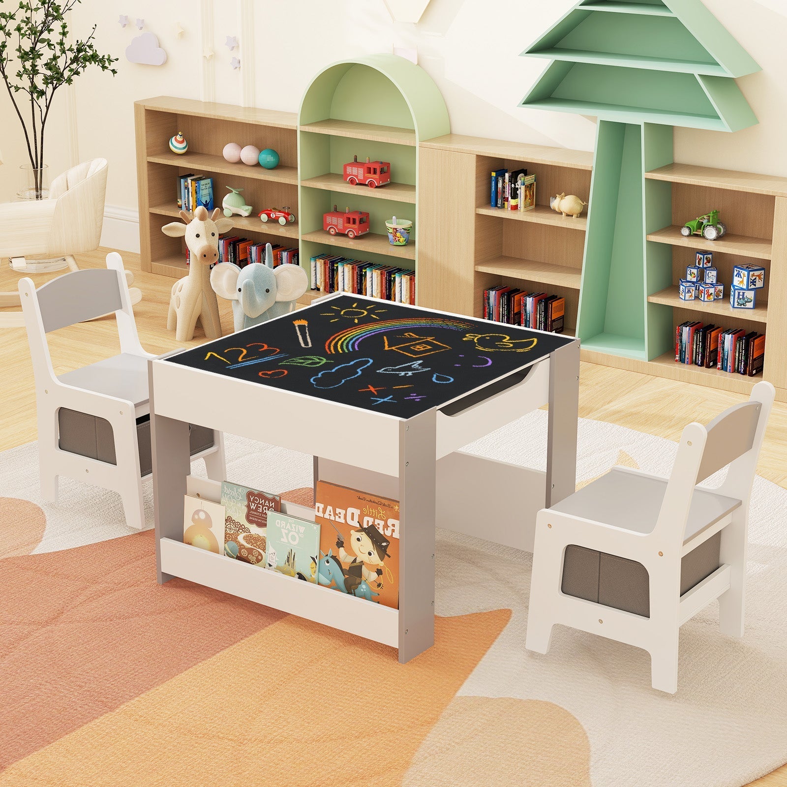 4 in 1 Kids Toddler Activity Table and Chairs Set with Reversible Tabletop-Grey