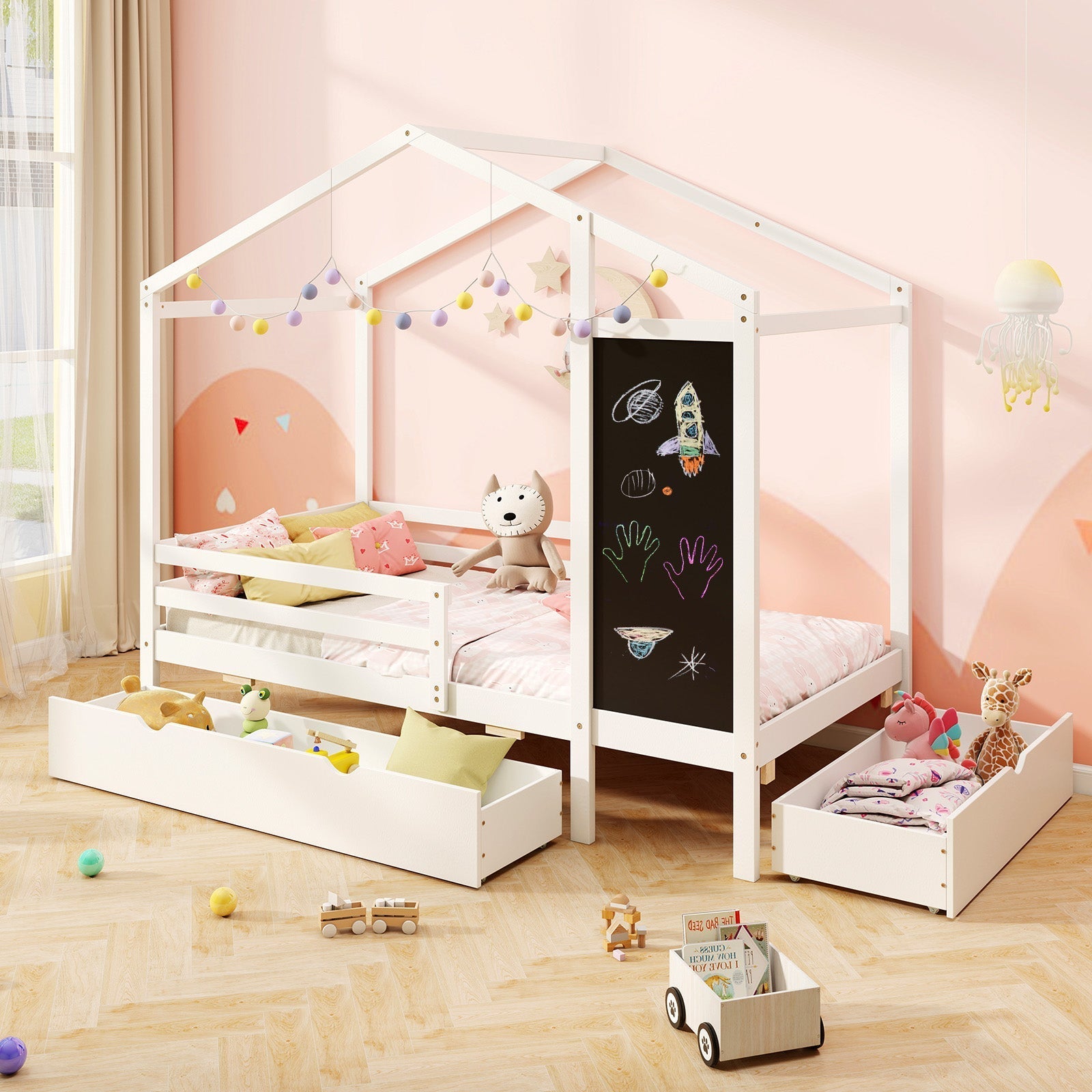 Kids Twin Size Bed with 2 Drawers Solid Wood Bed with Blackboard-White
