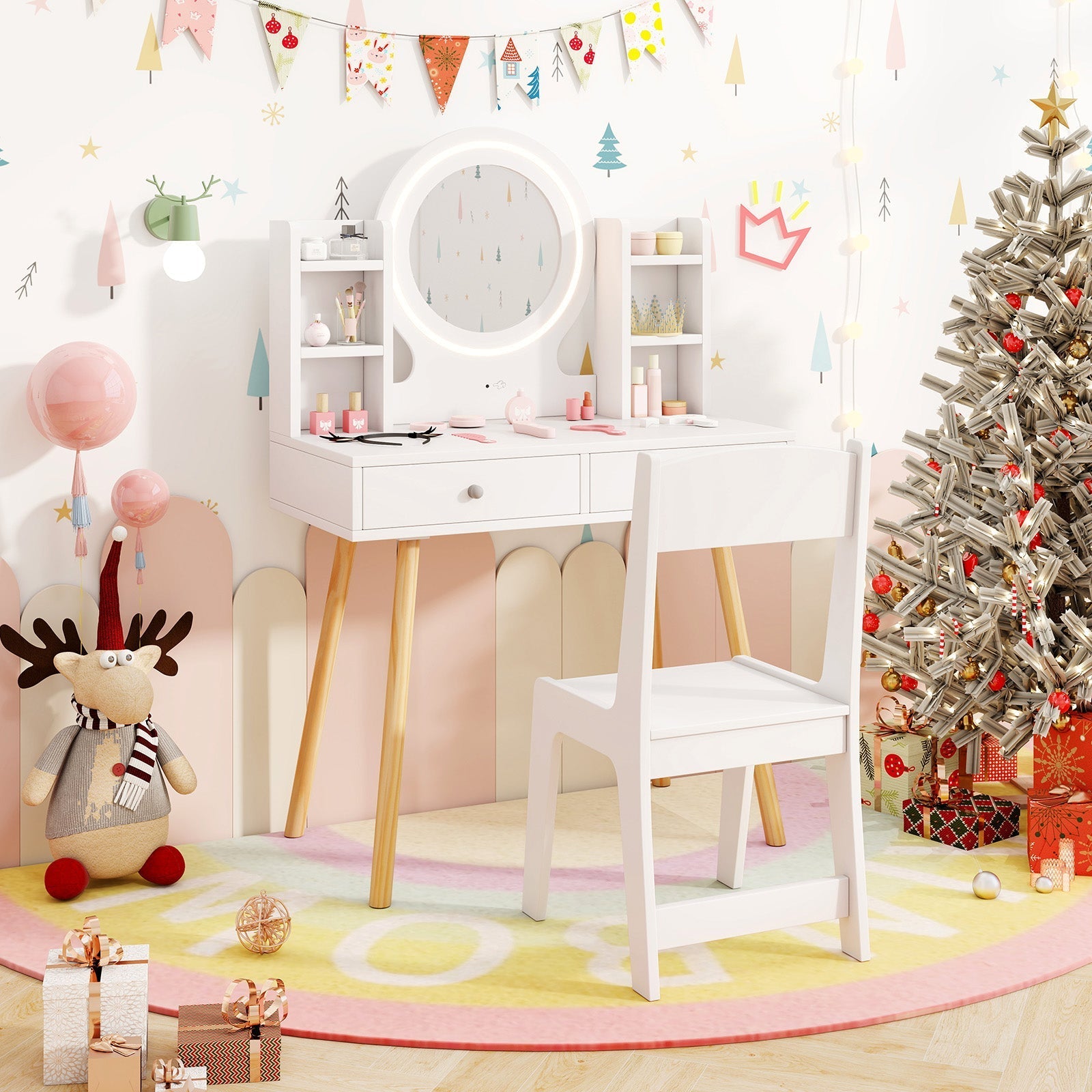 Kids Vanity Set with Lighted Mirror and Storage Drawers-White