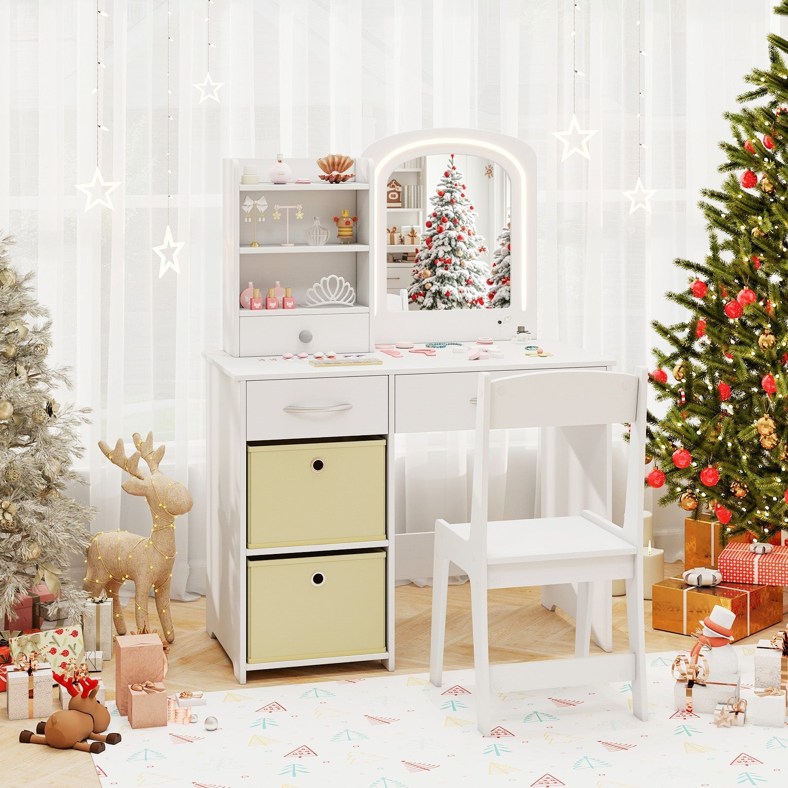 Kids Vanity Set with Lighted Mirror Makeup Desk and Chair Set with Drawers-White