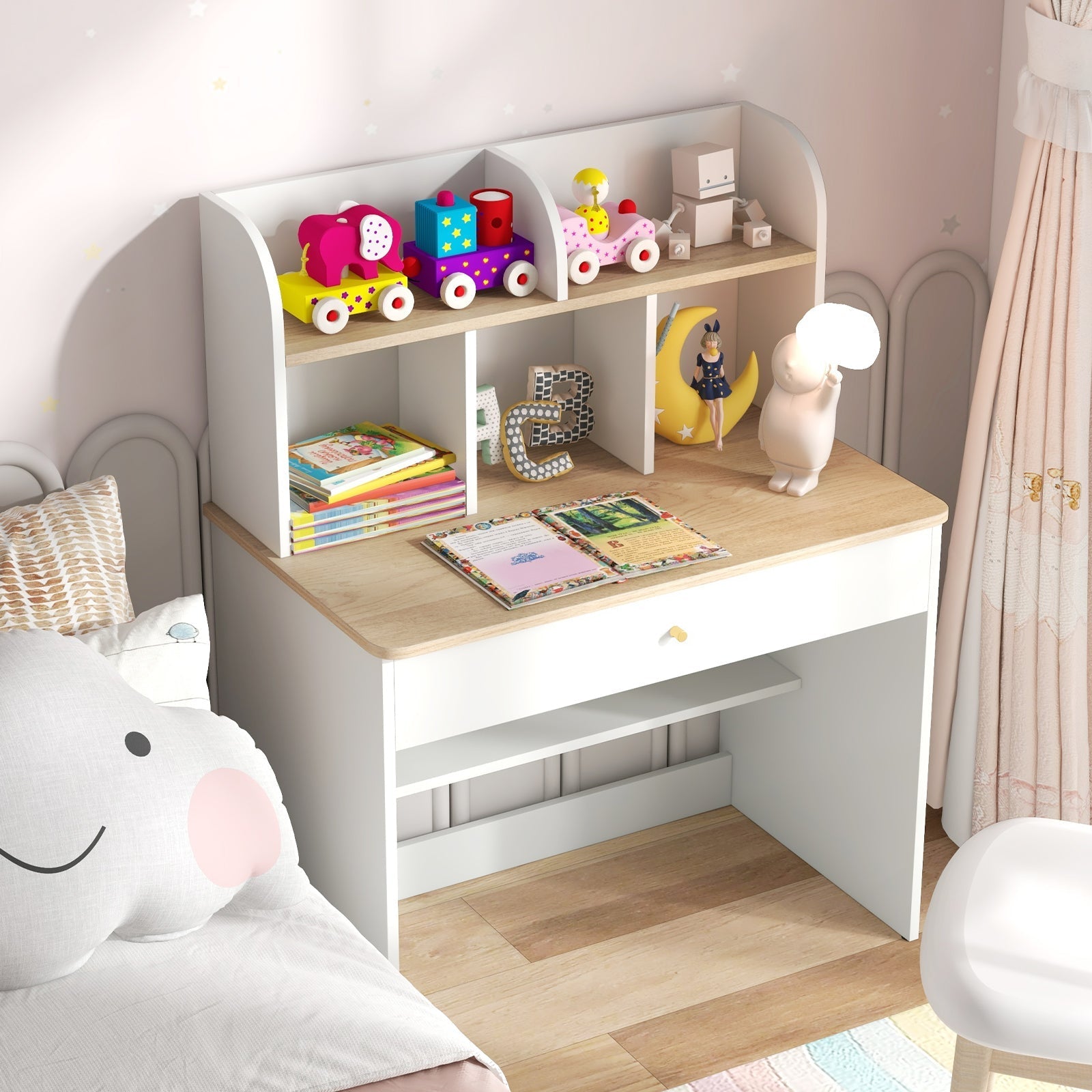 Kids Wooden Study Desk Writing Table with Hutch and Drawer