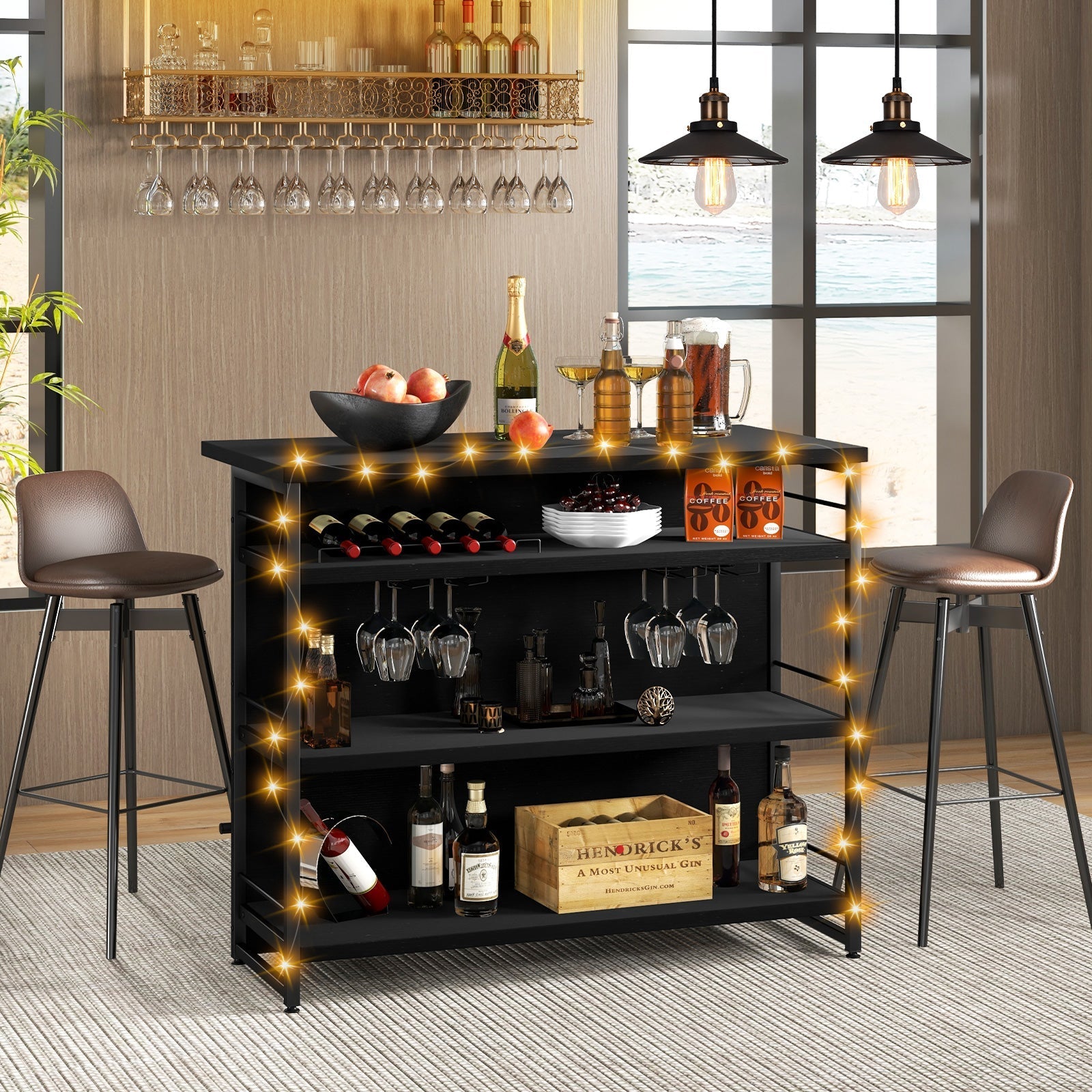 Kitchen Island with 4-Tier Storage Shelf and Long Footrest for Home-Black