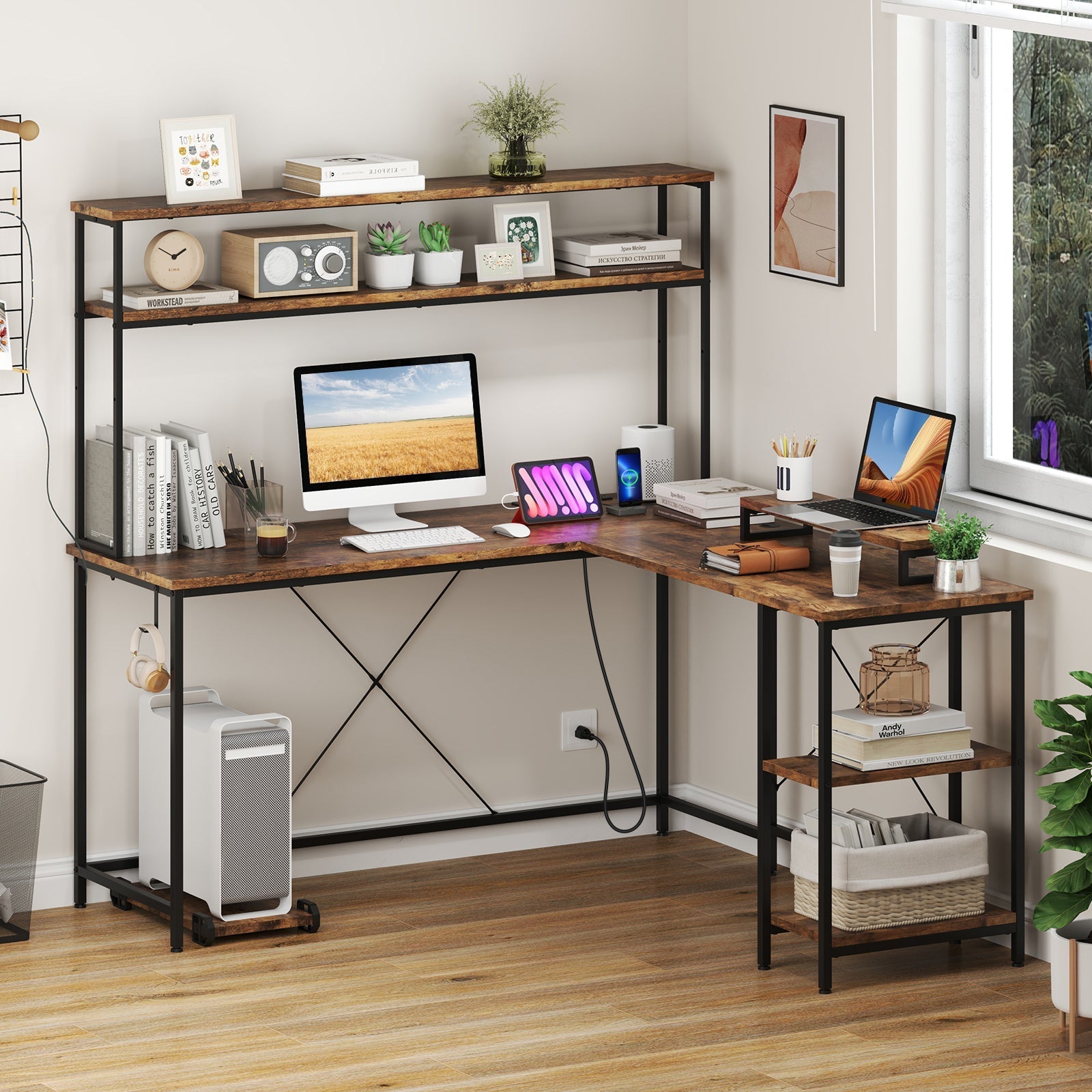 L-Shaped Reversible Gaming Desk with LED Strip and Power Outlets Hutch Monitor Stand-Rustic Brown