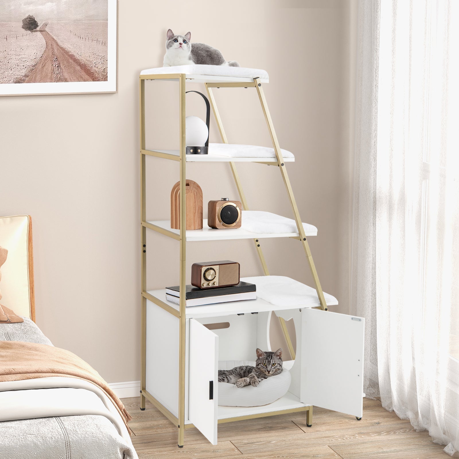 Large Cat Litter Box Enclosure with Storage and Ladder Shelf-White