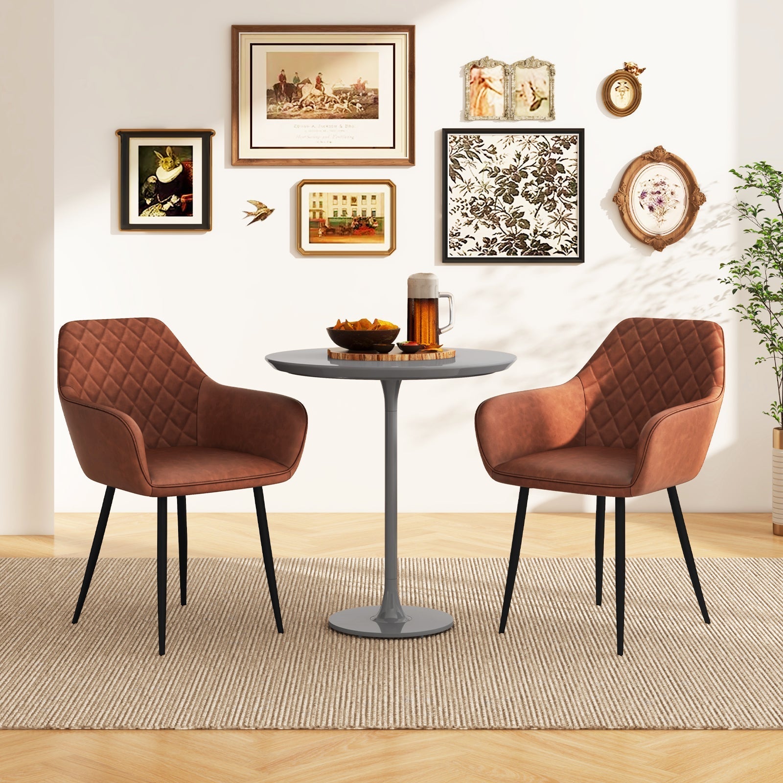 Leisure Dining Chair Set of 2 with Curved Backrest and Wide Seat-Coffee