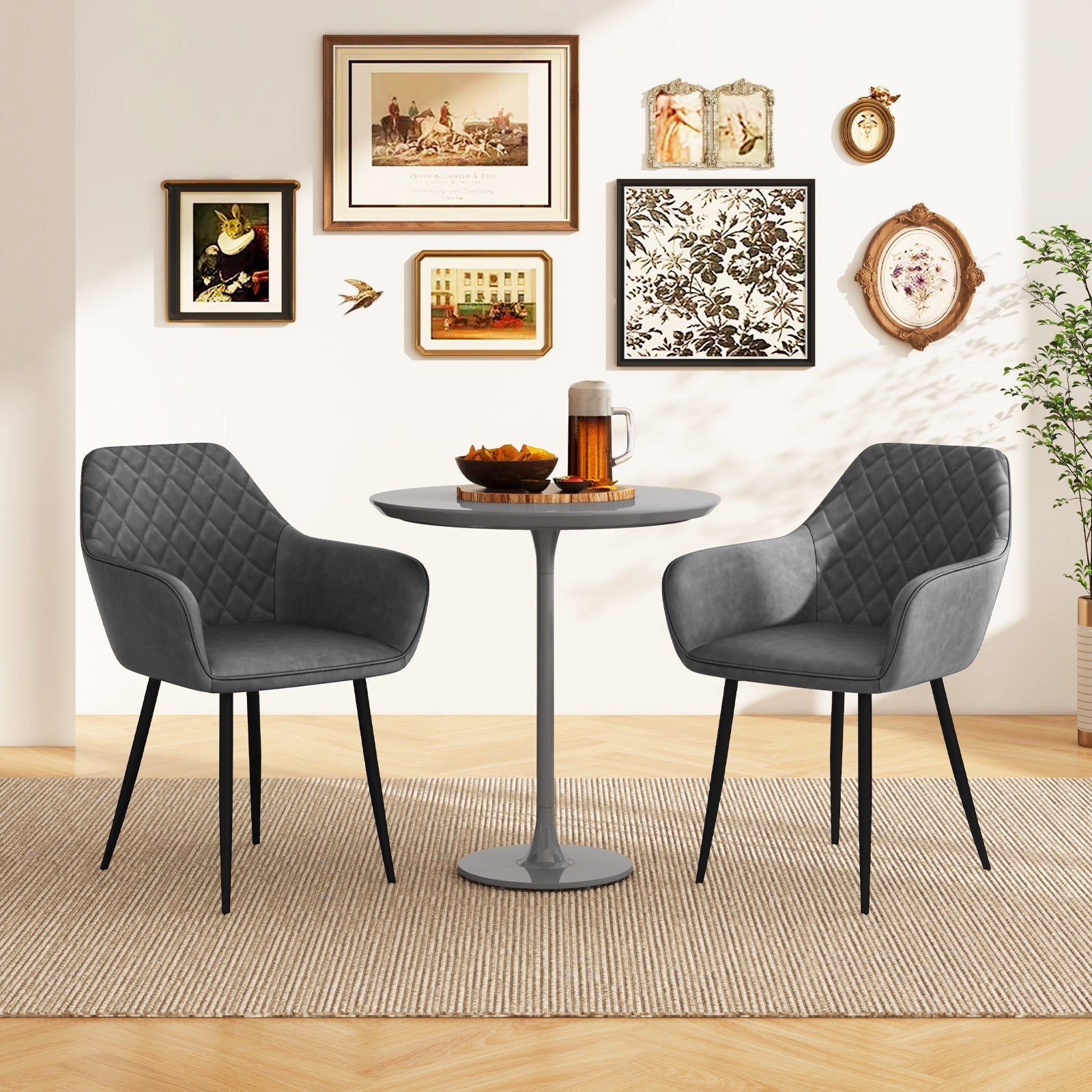 Leisure Dining Chair Set of 2 with Curved Backrest and Wide Seat-Gray
