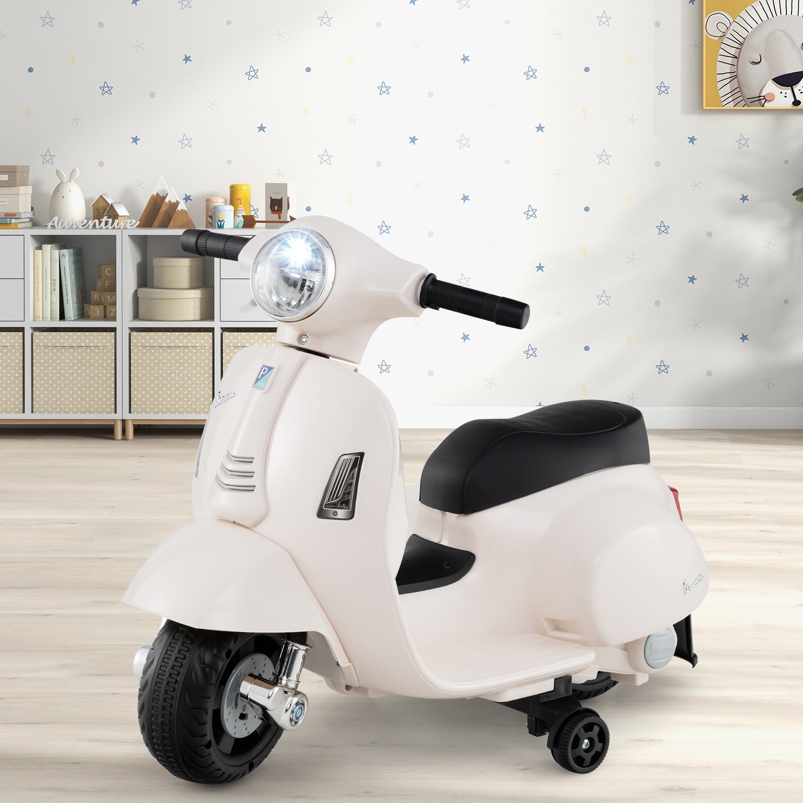 Kids Ride on Motorcycle Licensed Vespa with LED Headlight and Horn Sound-White