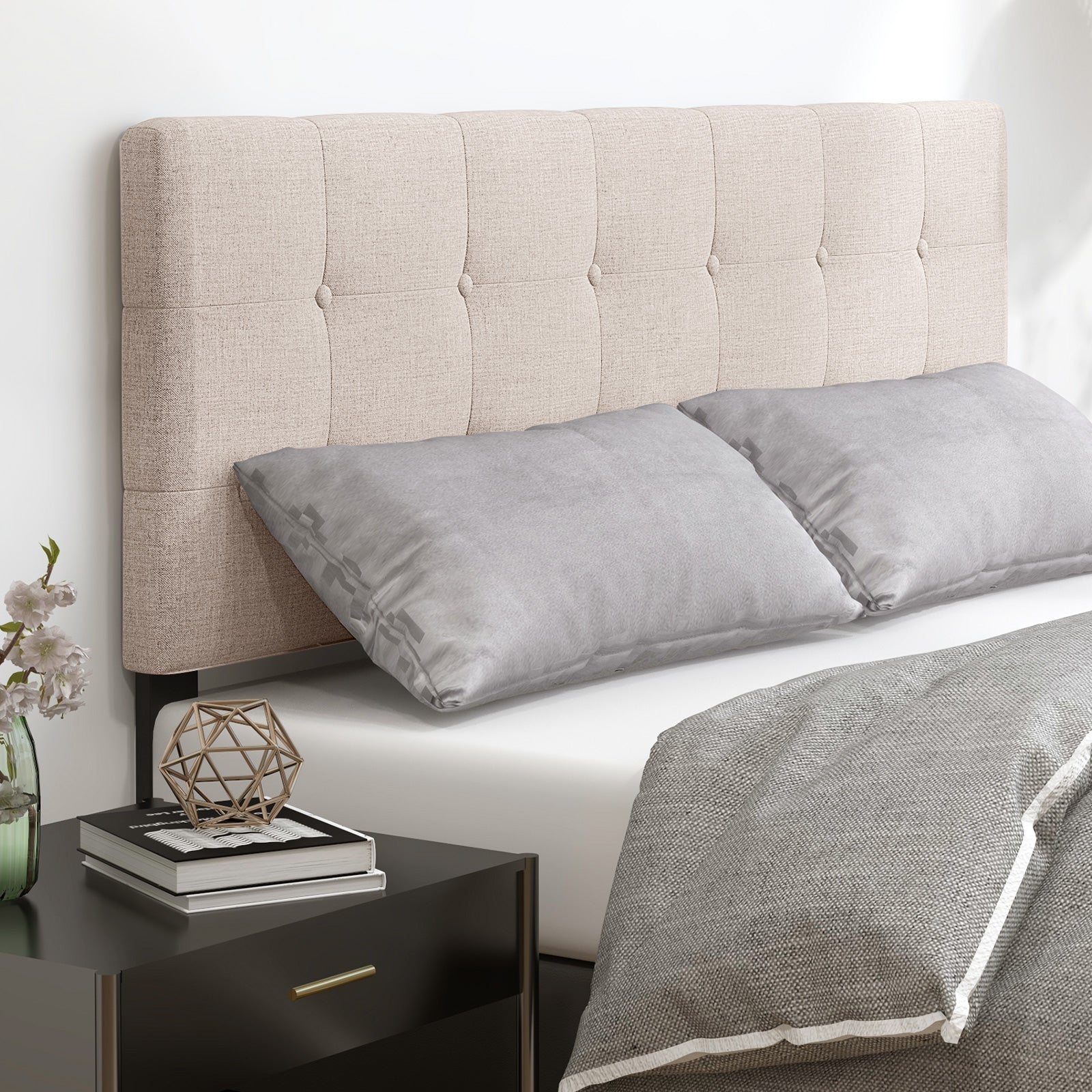 Linen Upholstered Headboard with Solid Rubber Wood Legs-Beige