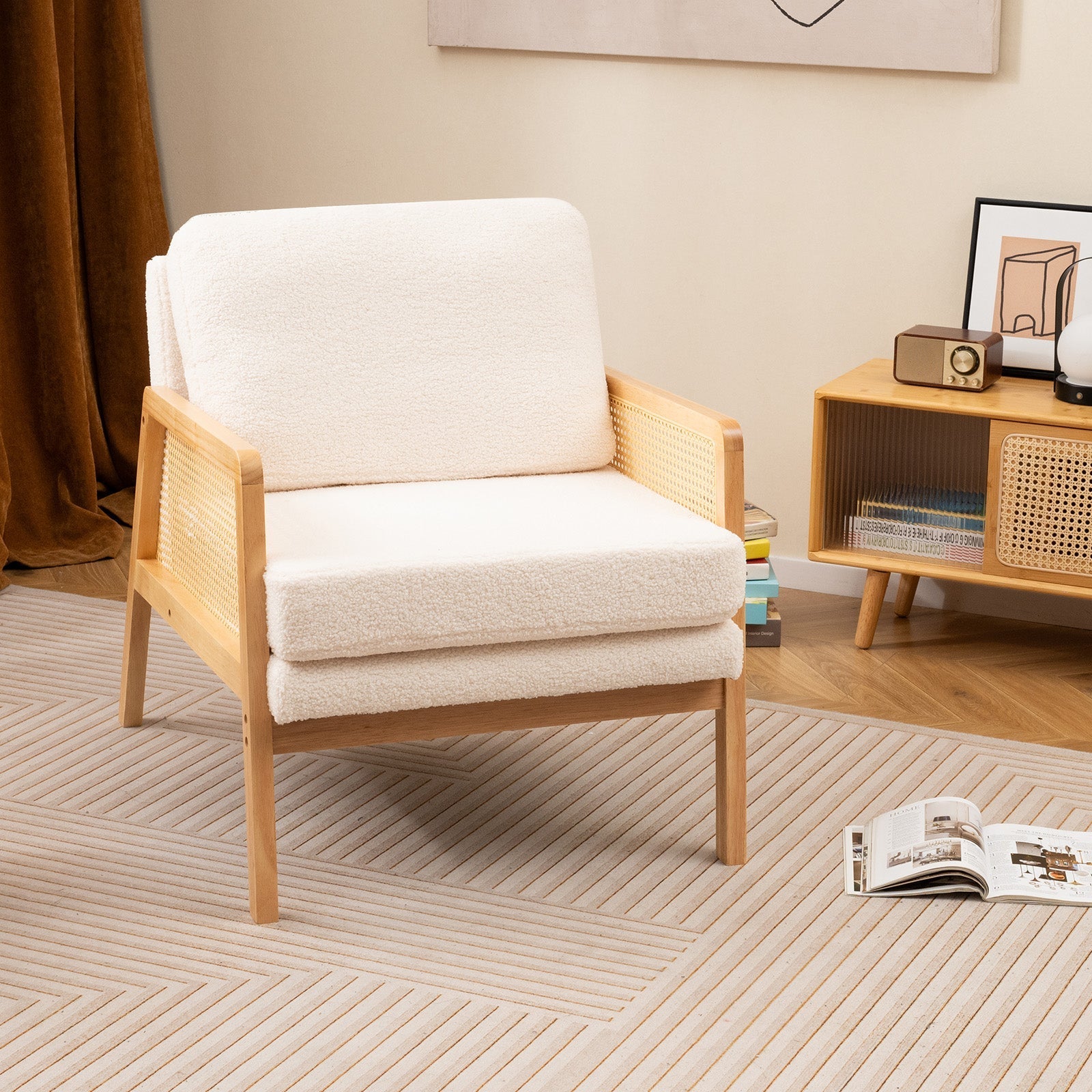 Mid Century Modern Accent Chair with Rattan Arms and Cushion-Natural
