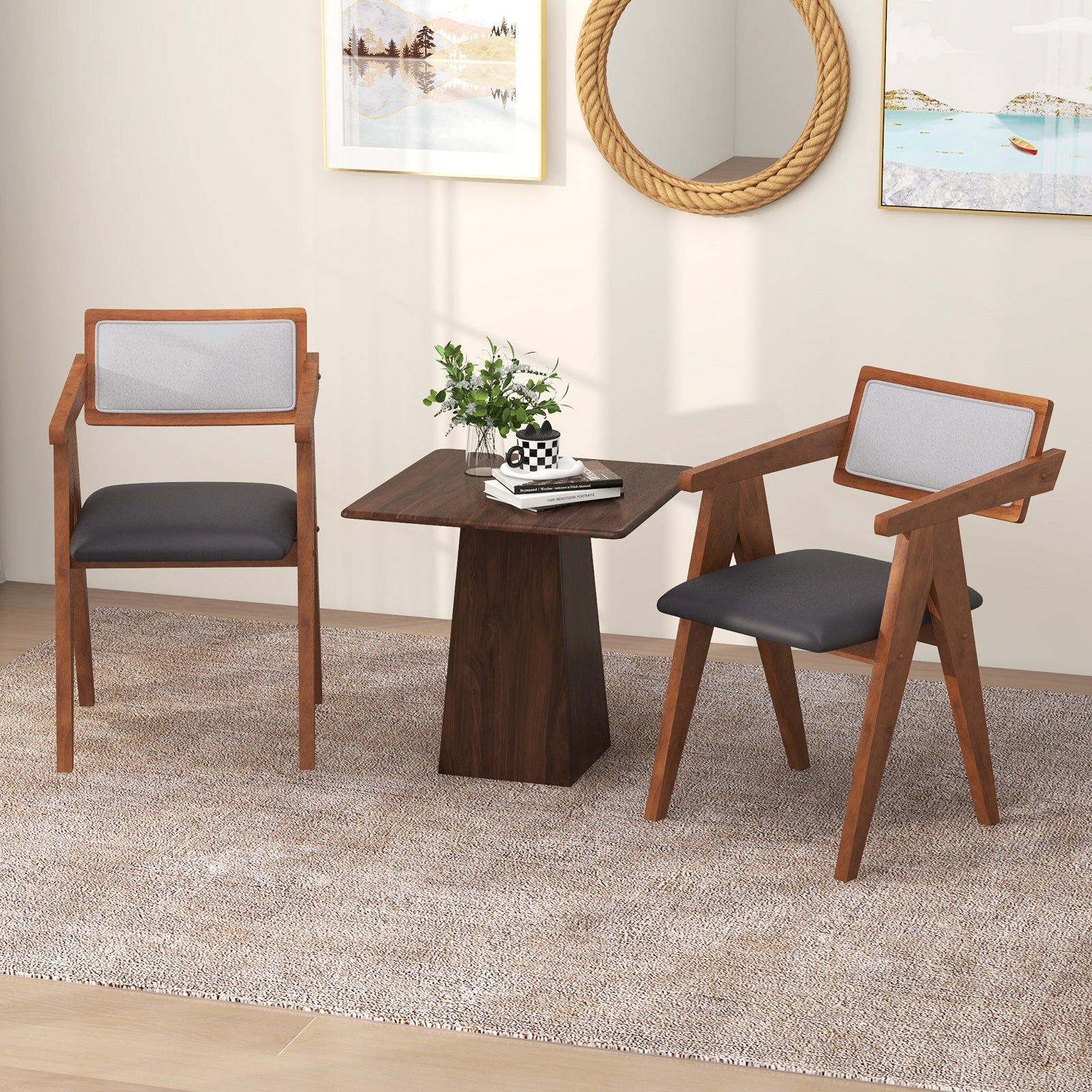 Mid Century Wooden Accent Chairs with Leathaire Seat Cushions Set of 2-Walnut