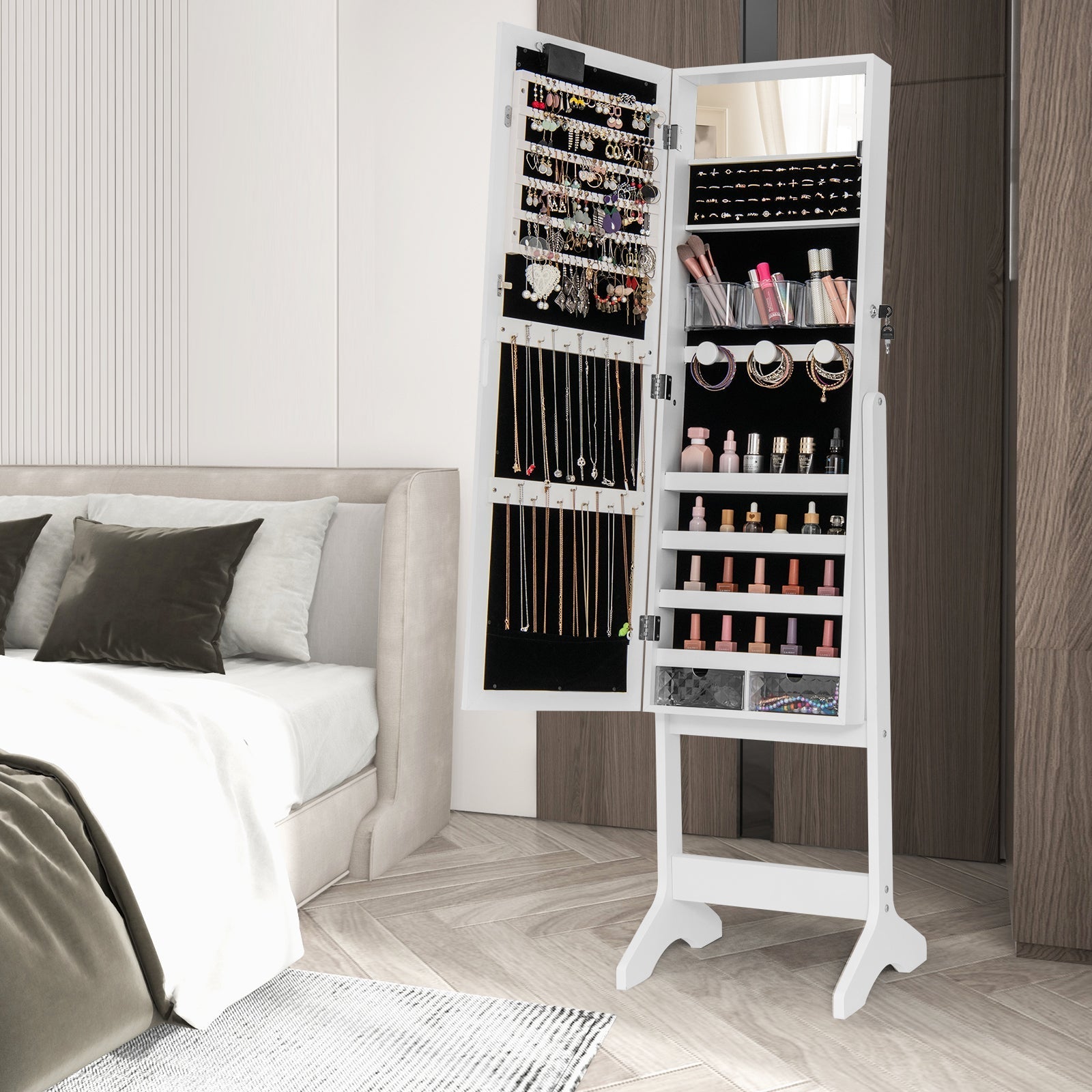 Mirror Jewelry Cabinet with 20 Warm Lights and 4 Tilt Angles-White
