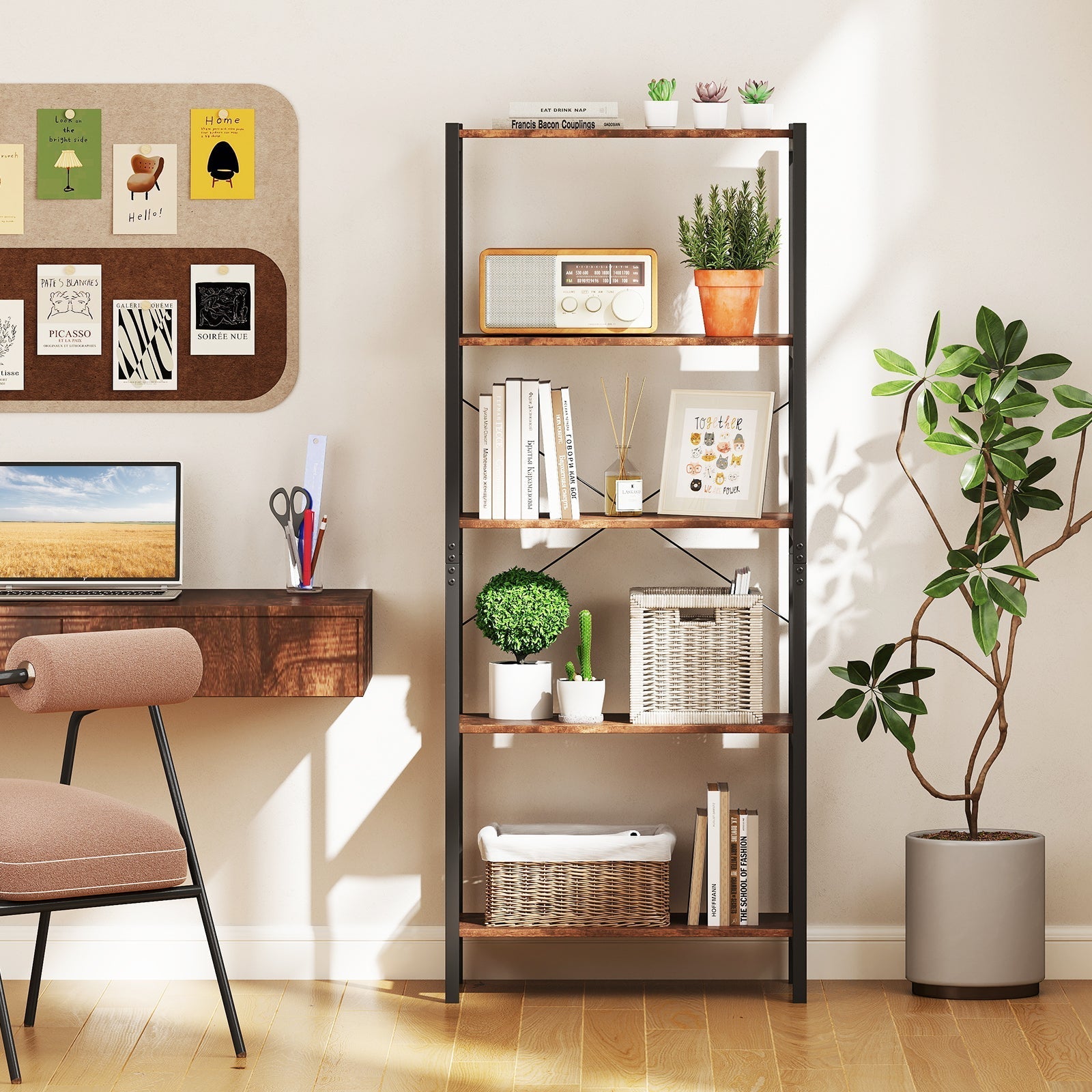 Multipurpose Open Bookcase Industrial Rack Wide Standing Storage Shelf-Brown