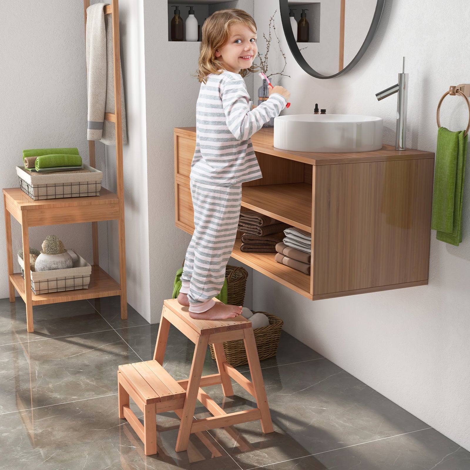 Multipurpose Wood Folding 2-Step Stool for Indoor Outdoor Plant Stand-Natural