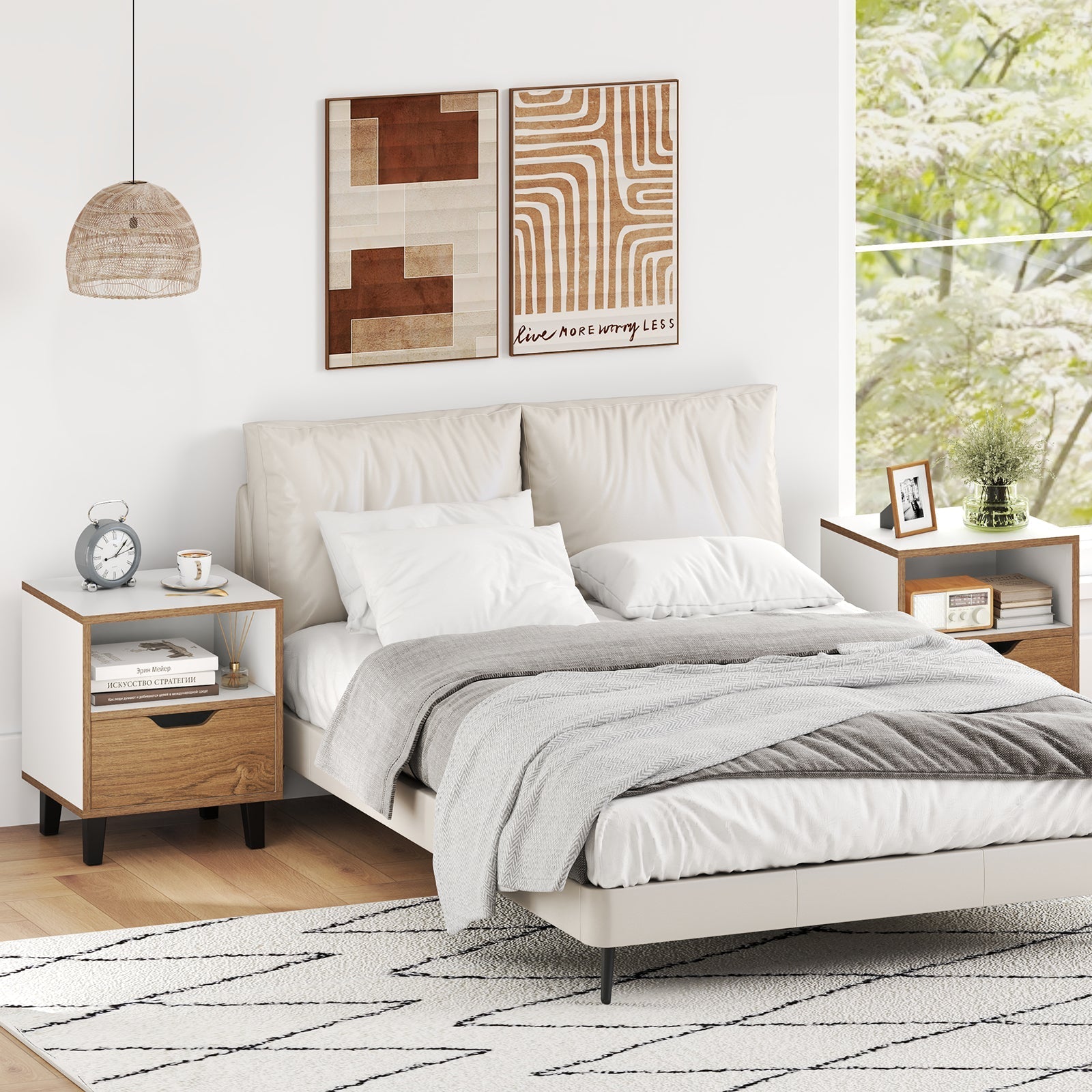 Nightstand Set of 2 with Drawer and Open Storage Shelf for Bedroom-White
