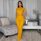 Round Neck Short Sleeve Lace Jumpsuit Wide Leg Pants Women Solid Color