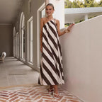 Summer Dress Striped Printed Shoulder Lace up Loose Vacation Maxi
